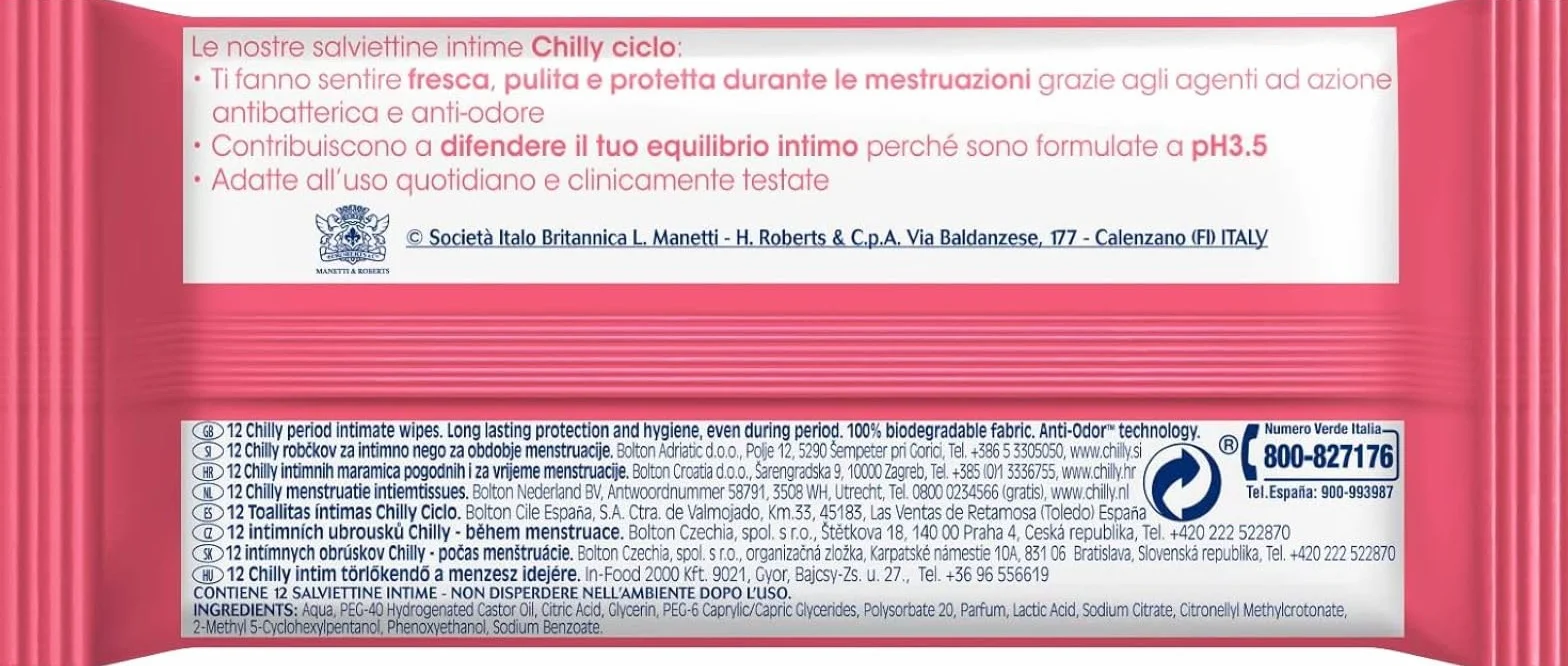 Chilly Salviettine Ciclo Igiene Intima Tessuto 100% Biodegradabile PH 3.5 Confezione 12