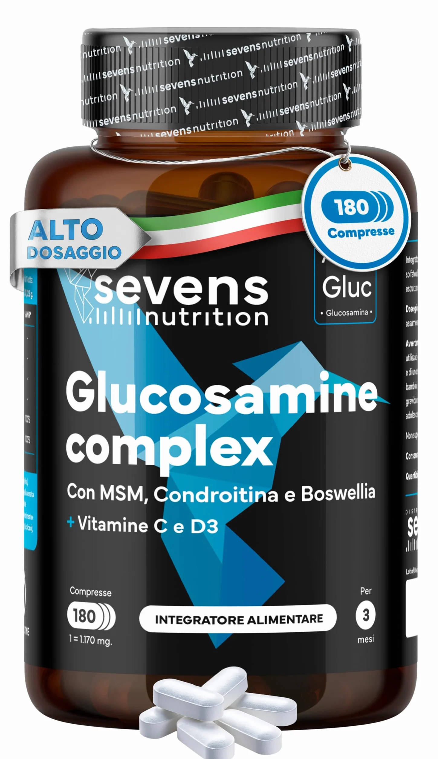 Glucosamina, Condroitina e MSM – Integratore per Articolazioni, Cartilagine e Ossa – Formula con Boswellia, Vitamine C e D3 – 180 Capsule ad Alta Densità – Sevens Nutrition