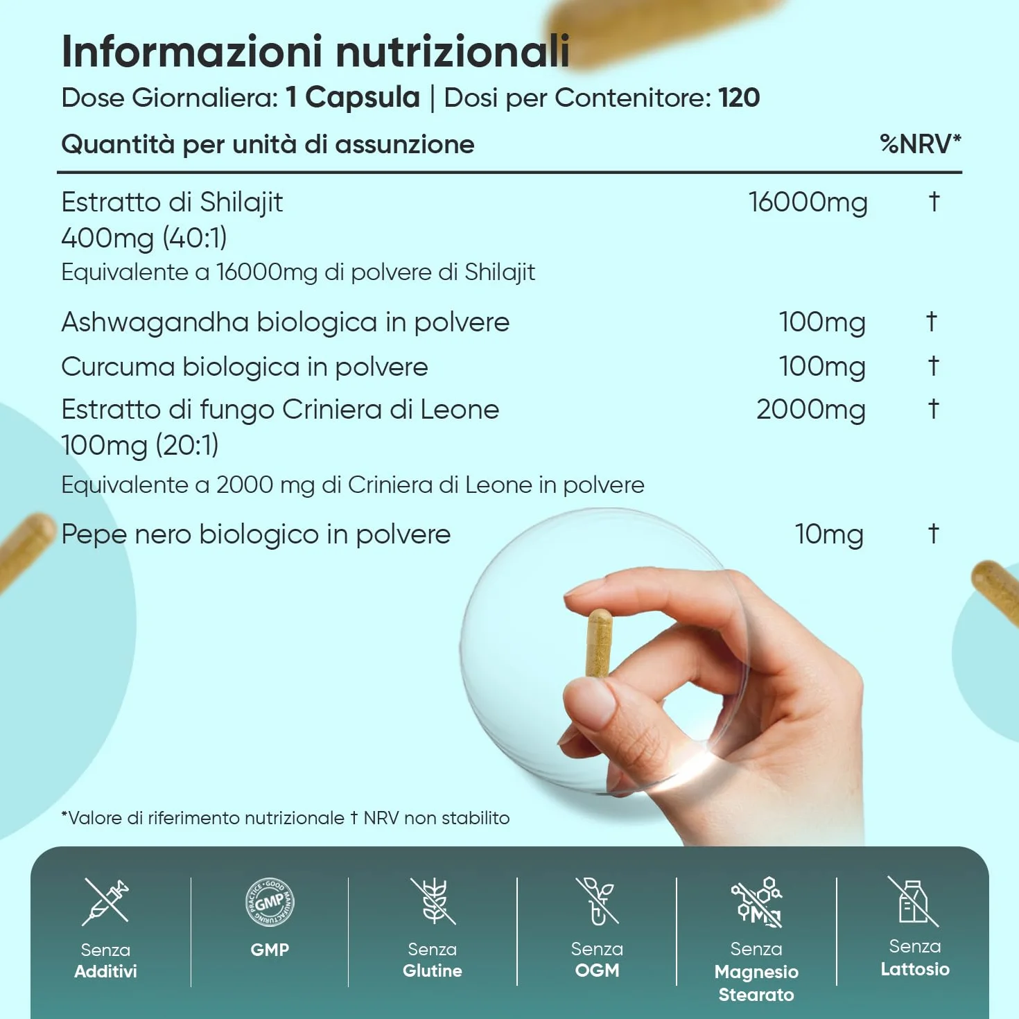 Shilajit Complex 18210mg, 120 Capsule Vegane, 1 al Giorno (per 4 Mesi), con Ashwagandha Bio, Curcuma Bio, Lions Mane Mushroom, Pepe Nero, Shilajit Integratore, Estratto 40:1, Senza Magnesio Stearato