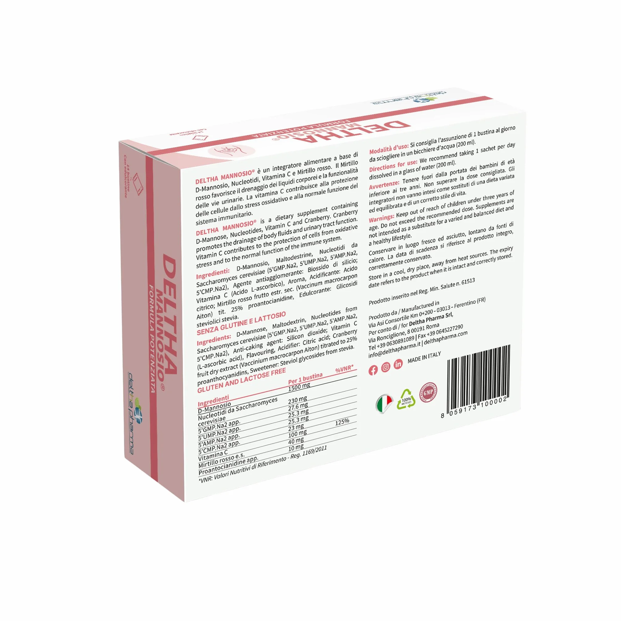 Deltha Mannosio Integratore Alimentare di D-mannosio Puro Ad Alto Dosaggio 1000 Mg, Nucleotidi e Mirtillo Rosso (cranberry) - 20 Bst, color Bianco, 656 ml