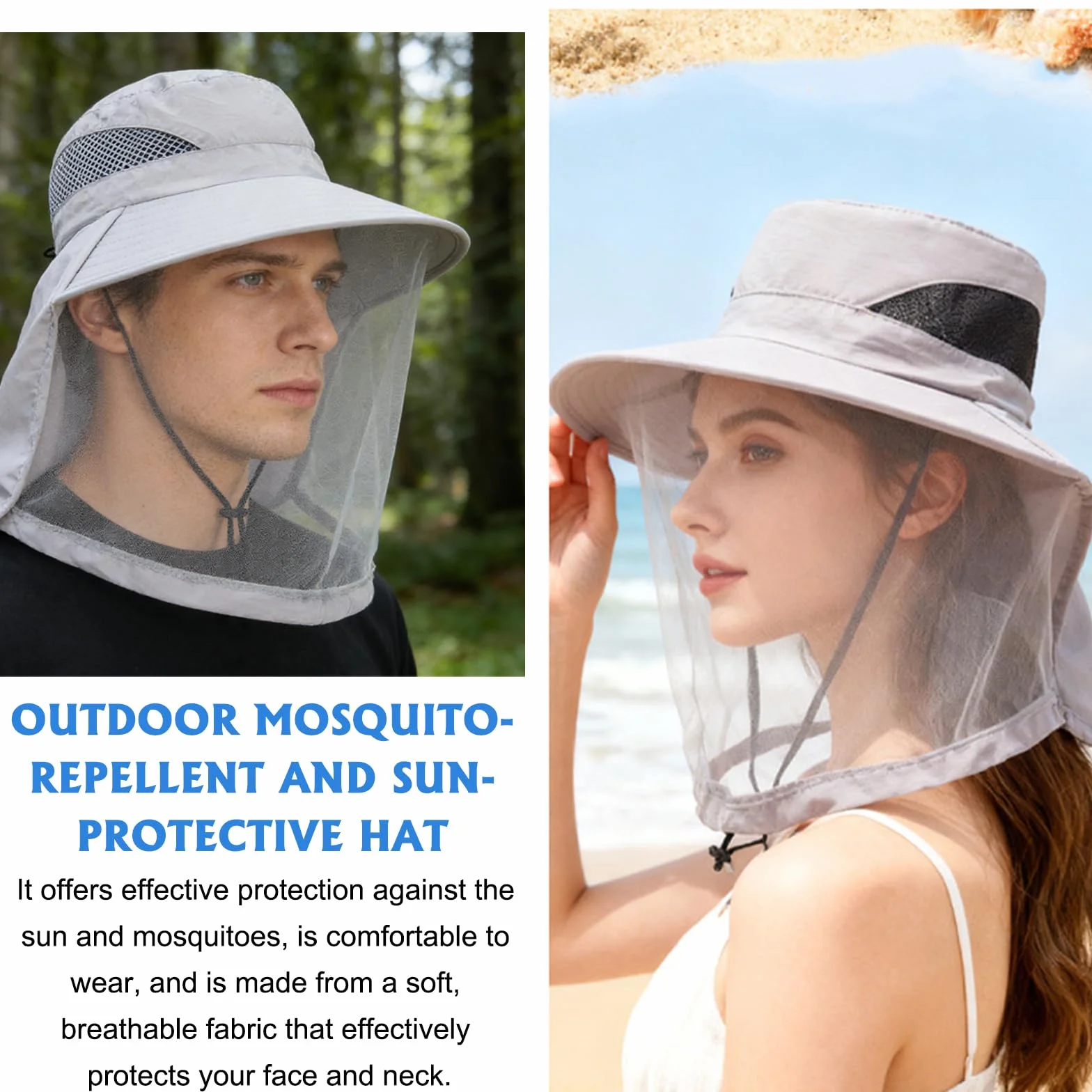Cappello con Zanzariera Grigio Traspirante per Campeggio Escursionismo Pesca