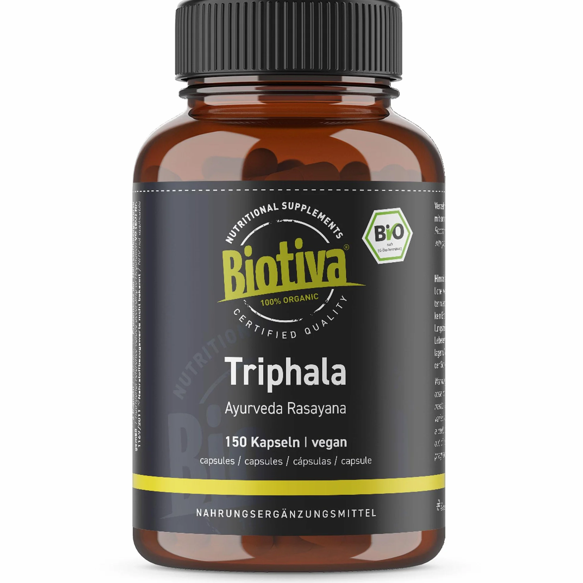 Triphala Bio 150 capsule a 500mg - per 75 giorni - alta dose - confezionato e controllato in Germania - 100% vegano - miglior rapporto qualità-prezzo - Biotiva
