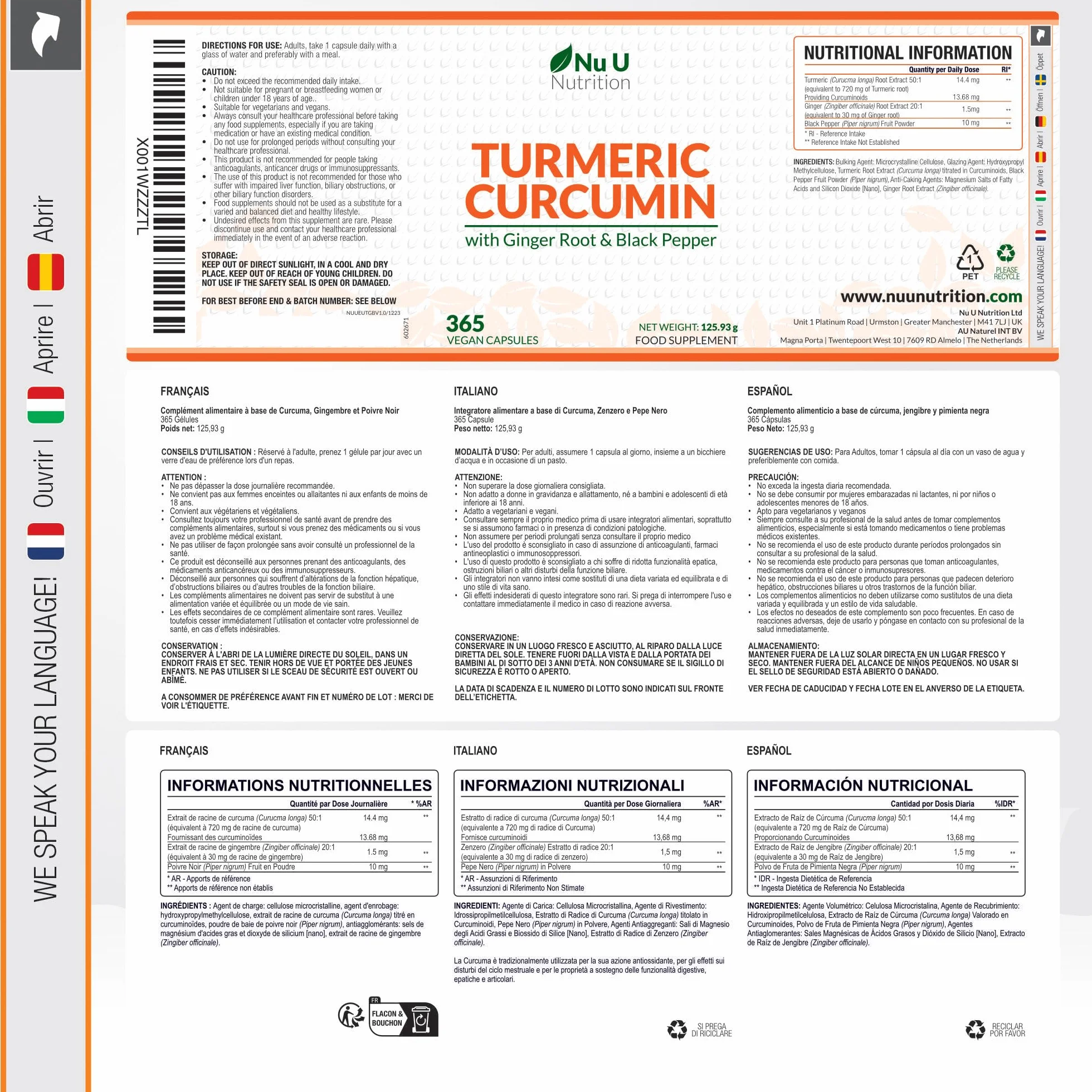 Curcuma 1520mg con Zenzero e Pepe Nero - 365 Capsule Vegane - Alto Dosaggio di Curcumina - 95% Curcuminoidi - Nu U Nutrition
