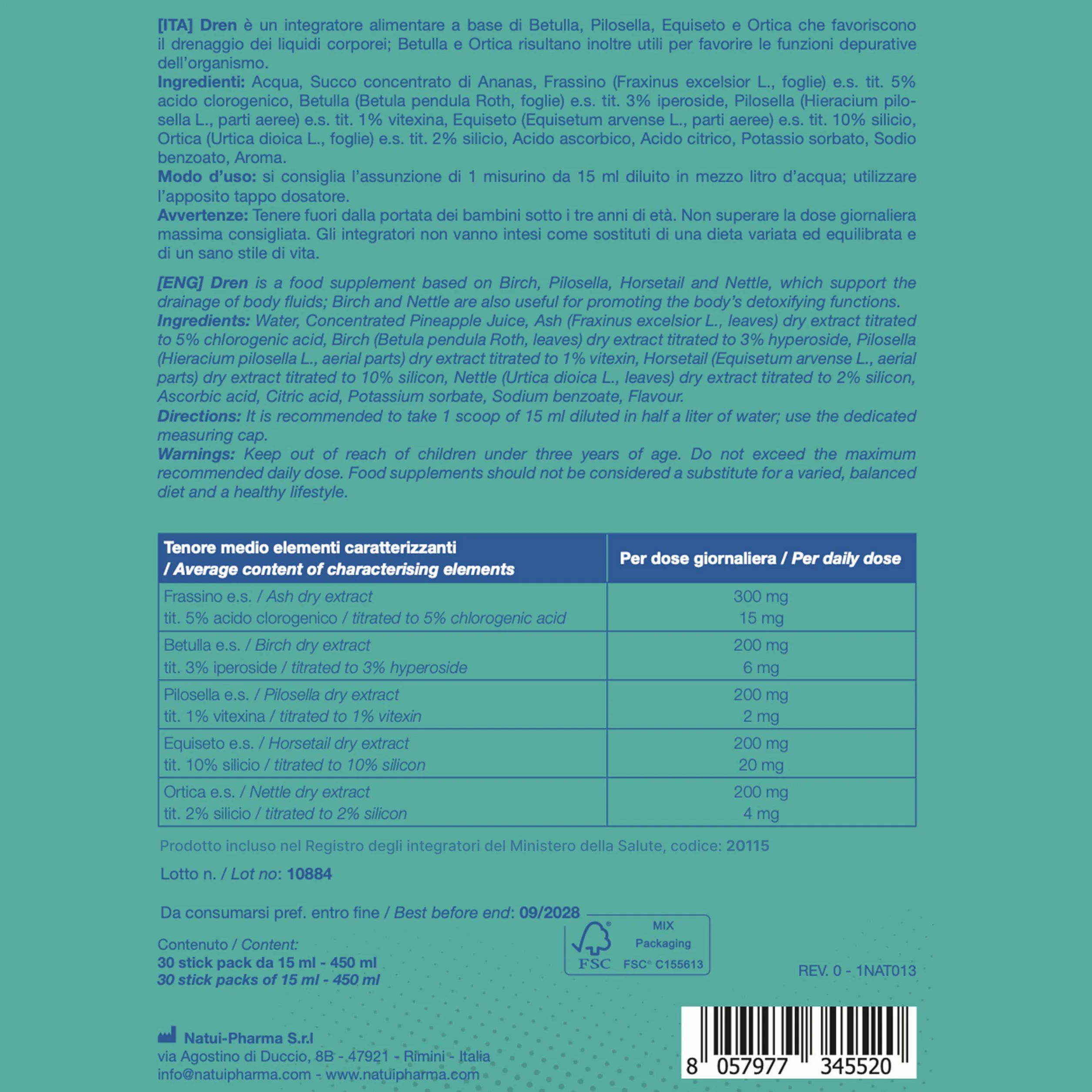 Natui Dren Integratore Drenante Forte Diuretico Naturale Ritenzione Idrica Detox Anticellulite Pilosella Equiseto Betulla Gusto Arancia Senza Glutine 30 Stick 15 ml