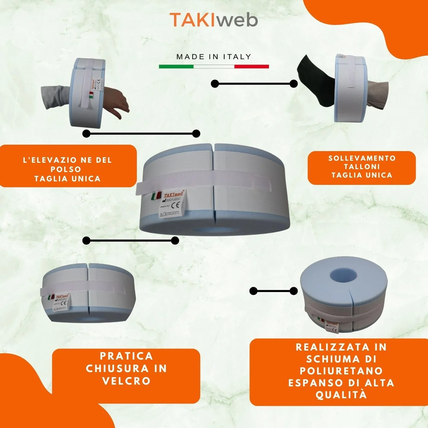 TAKImed,Talloniera, Polsiera Antidecubito, Antidecubito Per Sollevamento Talloni e Per L'elevazione Del Polso,Per L'elevazione Del Tallone Alla Caviglia Cuneo. Schiuma in puleuretano espanso.