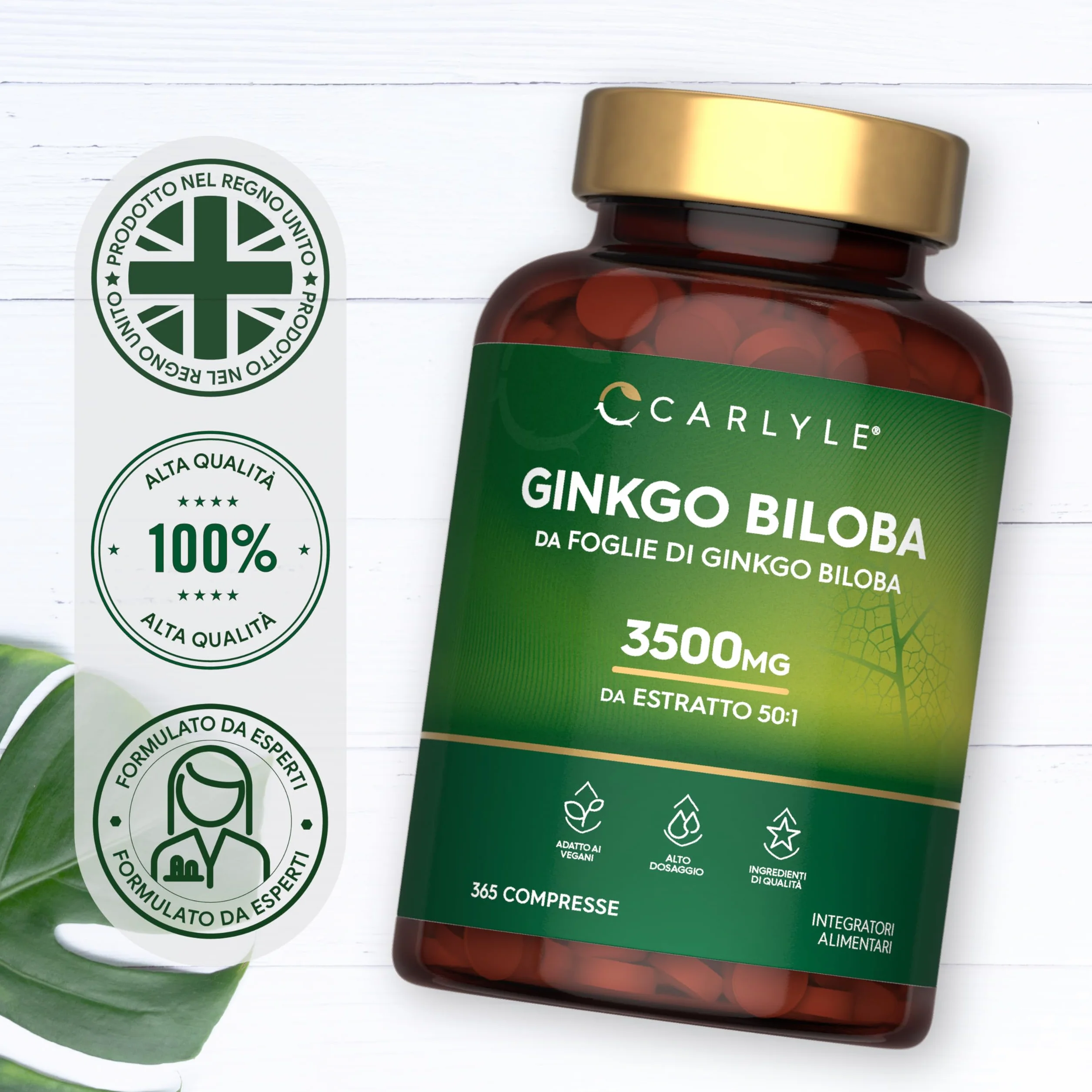 Ginkgo Biloba 3500mg | 365 Compresse | Capsule di estratto di Ginkgo | Fornitura per 1 anno | Alto Dossagio | Carlyle