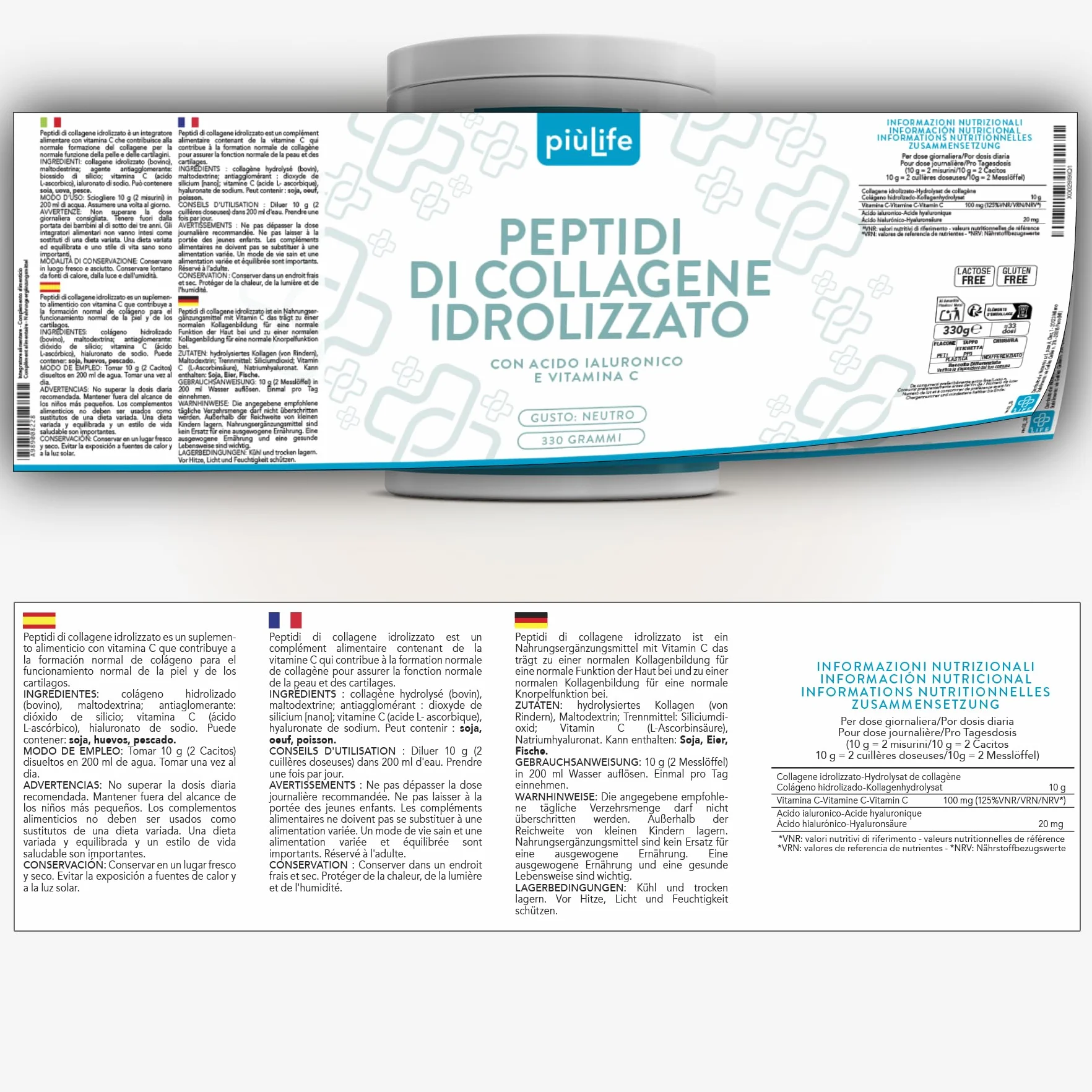 Peptidi di Collagene Idrolizzato Tipo 1 – 330g con Acido Ialuronico e Vitamina C PiùLife – Integratore Collagene Bovino