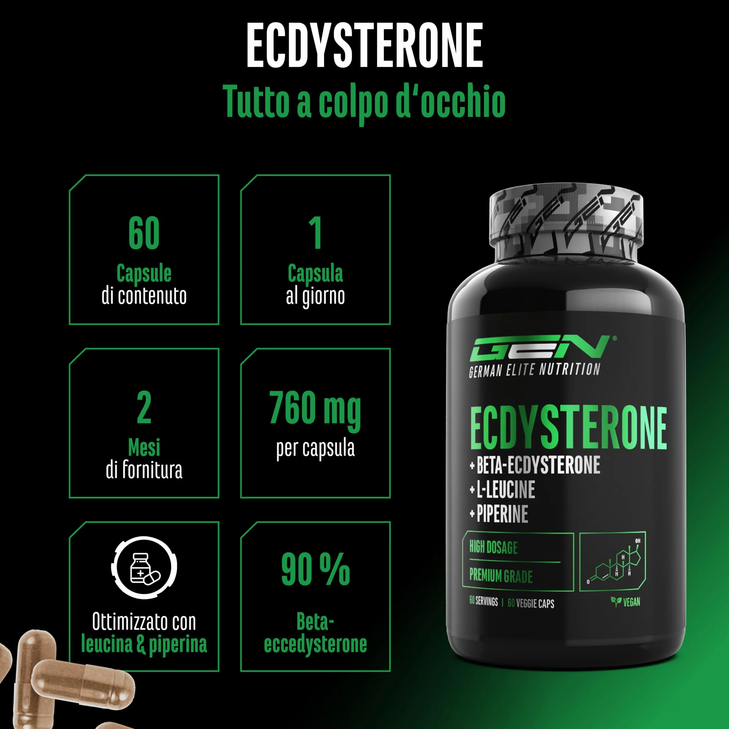 Complesso di ecdisterone - 760 mg per capsula – Con 90% beta-ecdisterone, L-leucina e piperina – Ad alto dosaggio & qualità premium - 60 capsule vegane