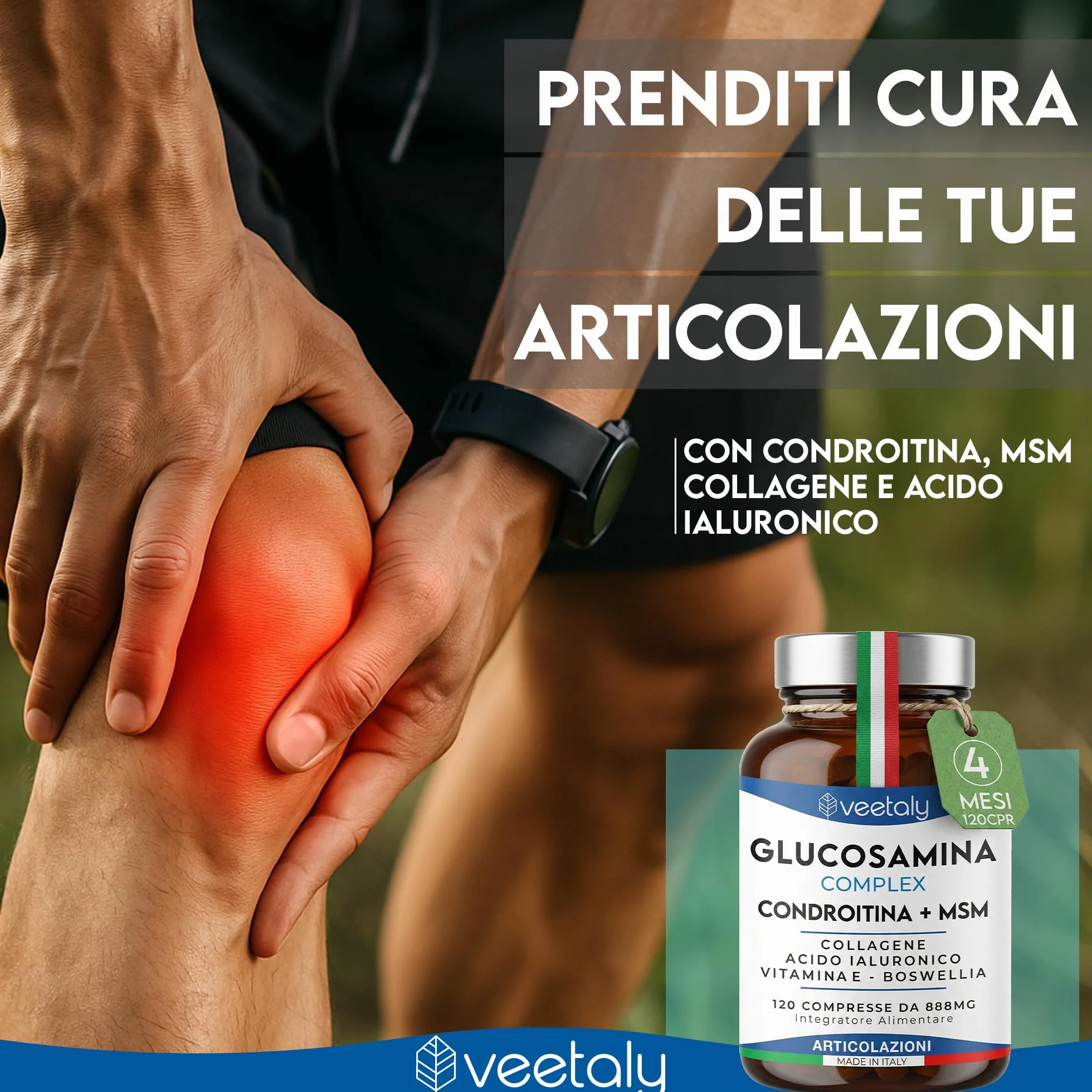 Glucosamina Condroitina MSM 888mg - Integratore Articolazioni e Cartilagine Ginocchio con Collagene, Acido Ialuronico, Vitamina E, Boswellia - 4 Mesi, 120 Compresse da 888 mg