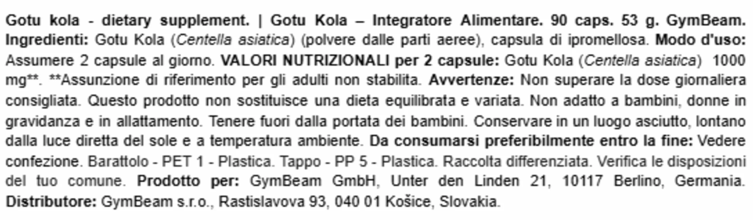 GymBeam Gotu Kola Centella Asiatica Integratore Alimentare per Memoria e Concentrazione 90 cps