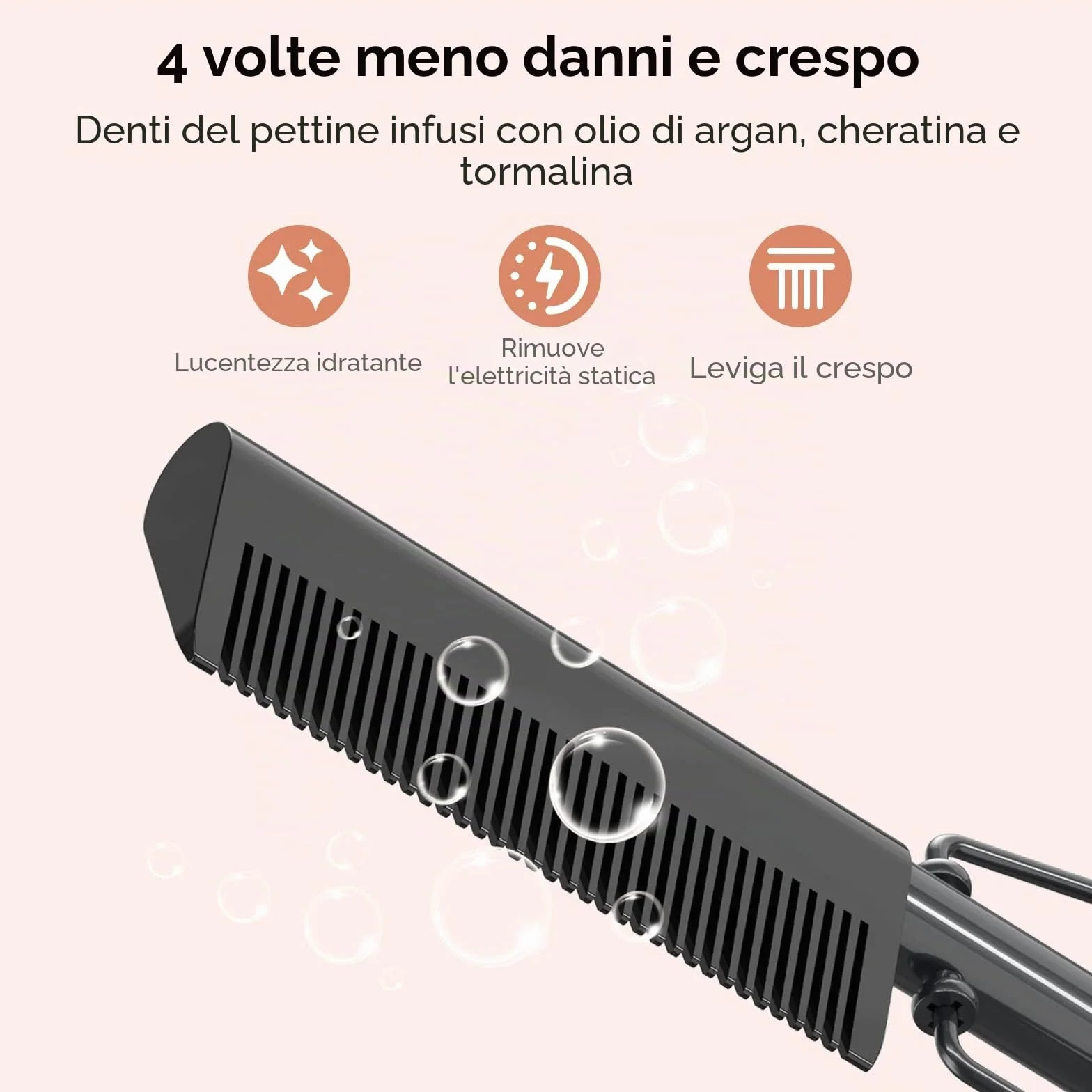 Pettine Elettrico per Parrucche, Afro Capelli e Barba, Pettine Lisciante Antiscottatura con Denti Infusi di Cheratina e Olio di Argan, Temperature Regolabili, Spegnimento Automatico