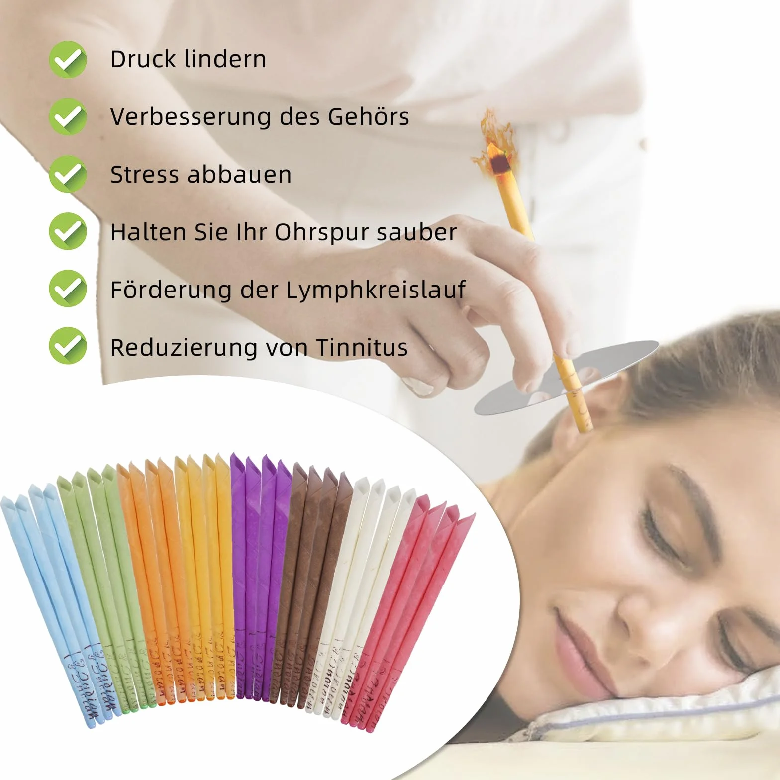 32 Pezzi 8 Diverse Fragranze Coni per Orecchie,25cm Cono Orecchie Cerume con 8 Dischi Protettivi e Tampone di Cotone,per Rimuovere la Cera Dell'orecchio,Relax e Pulizia