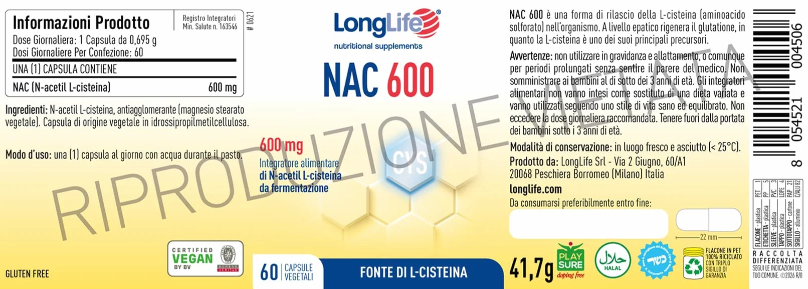 LongLife® NAC 600 | Precursore del glutatione | Alto dosaggio | N-acetil-cisteina | Fonte di L-cisteina | Azione antiossidante | Difese naturali | 2 mesi di trattamento | Vegano e senza glutine