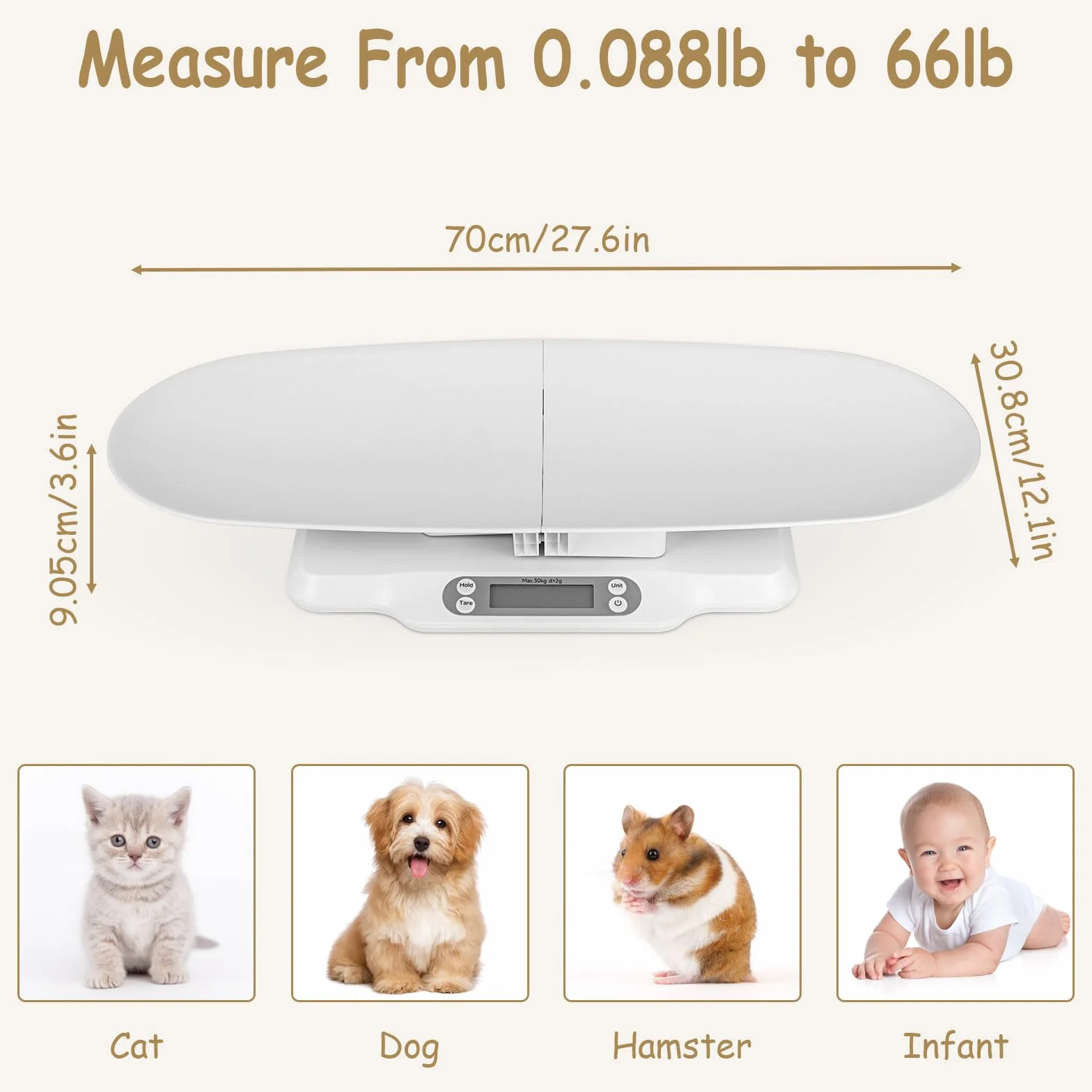 Bilancia digitale per animali e neonati con ciotola rimovibile, display LCD, 30 kg