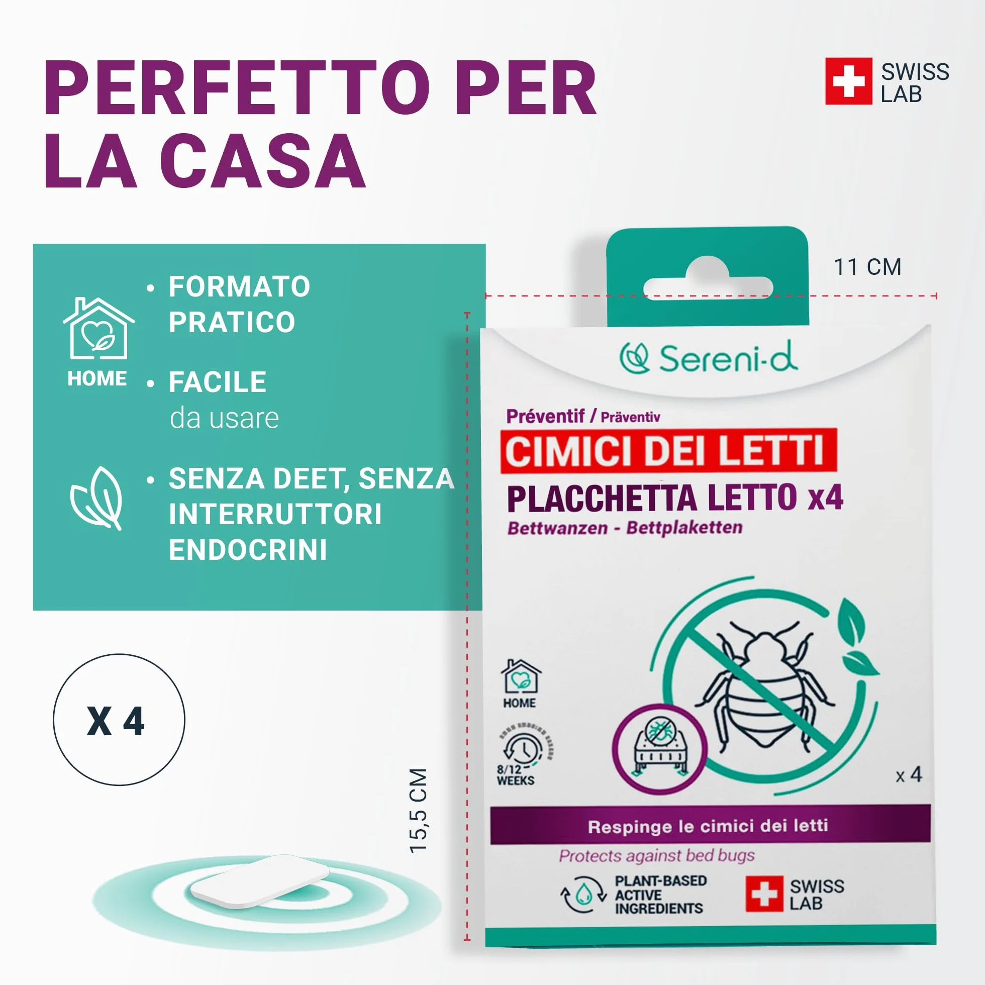 Sereni-d SWISS LAB PIASTRE LETTO repellenti per CIMICI DEI LETTI x4