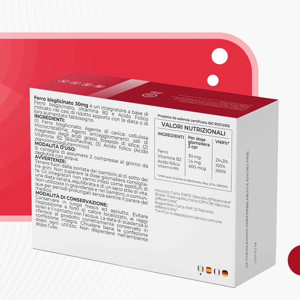 Ferro Integratore 30 mg Con Acido Folico e Vitamina B2-160 compresse - Per Globuli Rossi, Ossigeno, Sistema Immunitario, Stanchezza e Benessere Mentale