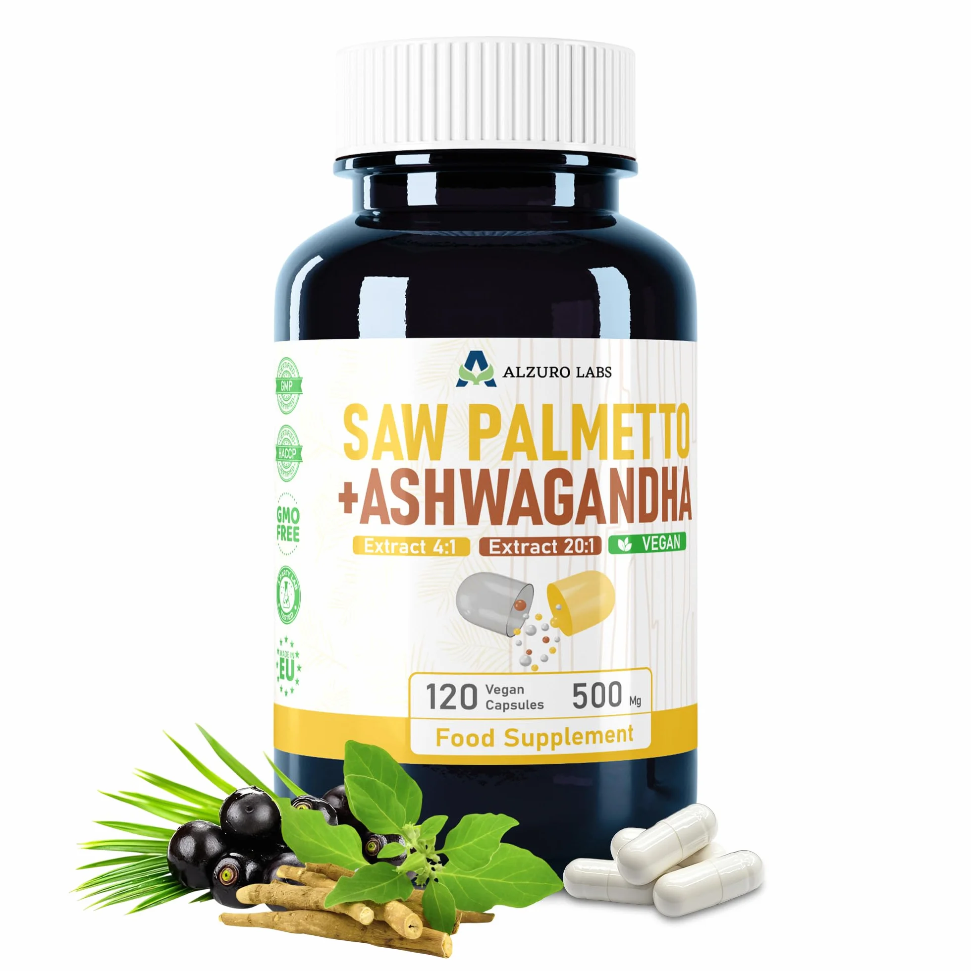 Saw Palmetto & Ashwagandha 500 mg 4:1 & 20:1 Extract 120 Veg Capsules Serenoa Repens GMP