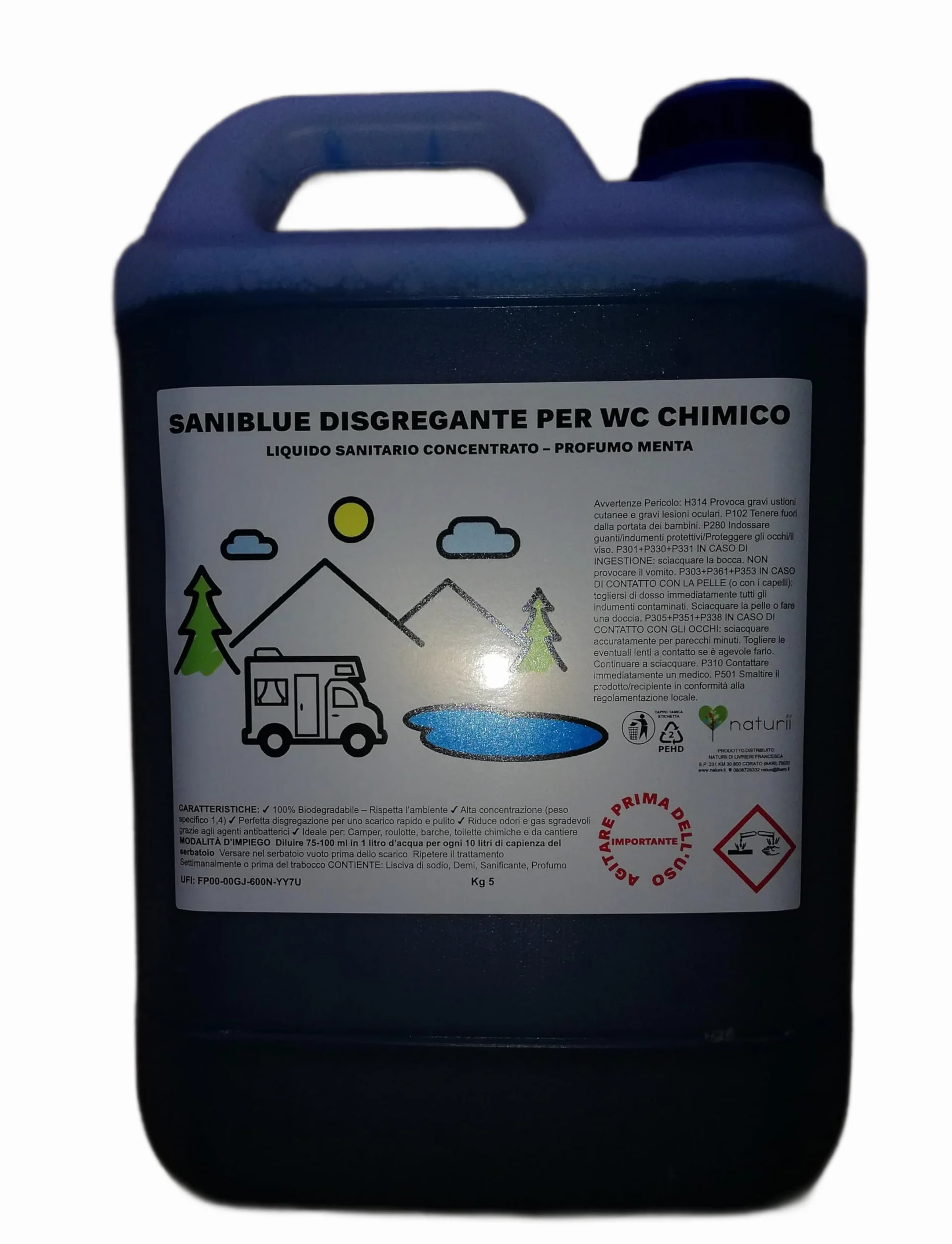 Saniblue Liquido Sanitario Disgregante Concentrato per Wc Chimico, 5 kg per Serbatoio Camper, roulotte Gabinetto da Campeggio, Acque Nere, WC Portatile portatili Toilette chimiche profumo agrumi
