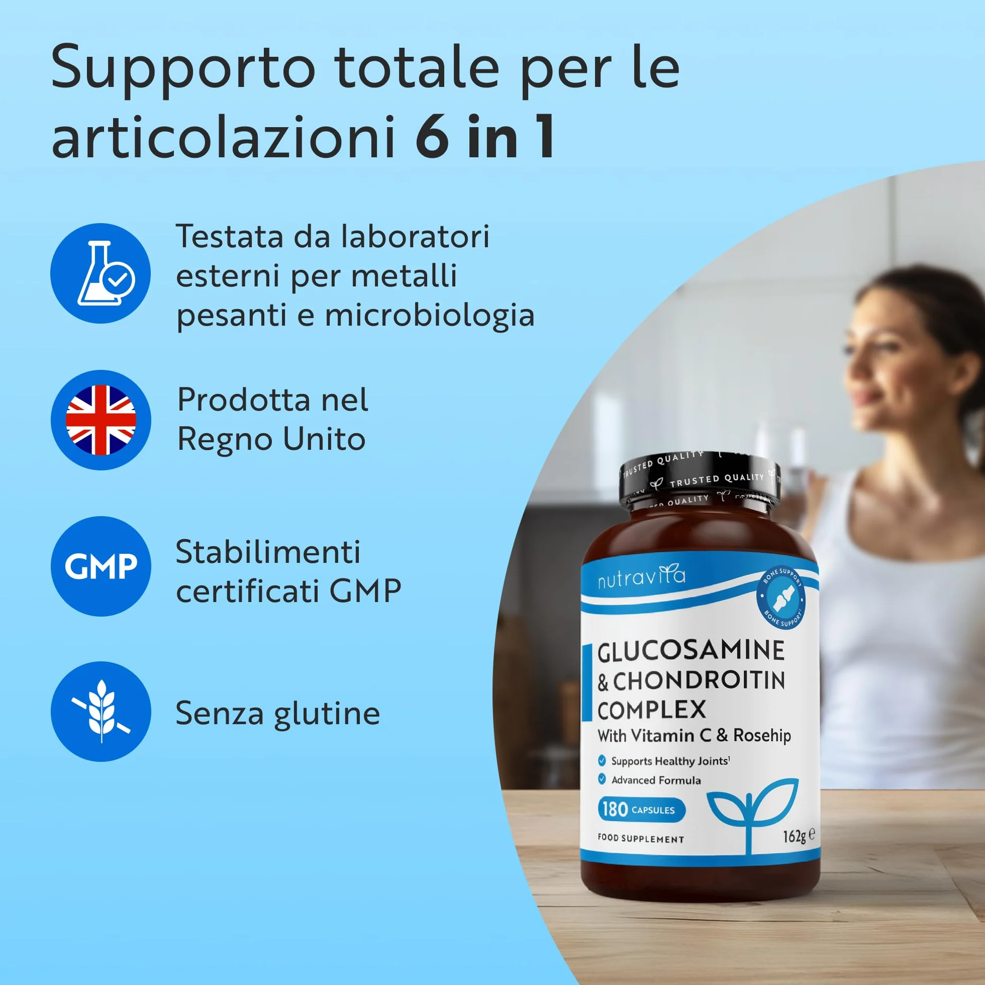 Nutravita Glucosamina Condroitina Complesso - 180 Capsule Alto Dosaggio per 6 Mesi - Glucosamine Complex con Vitamina C, Estratti di Cinorrodo, Zenzero e Curcuma - Prodotto nel Regno Unito