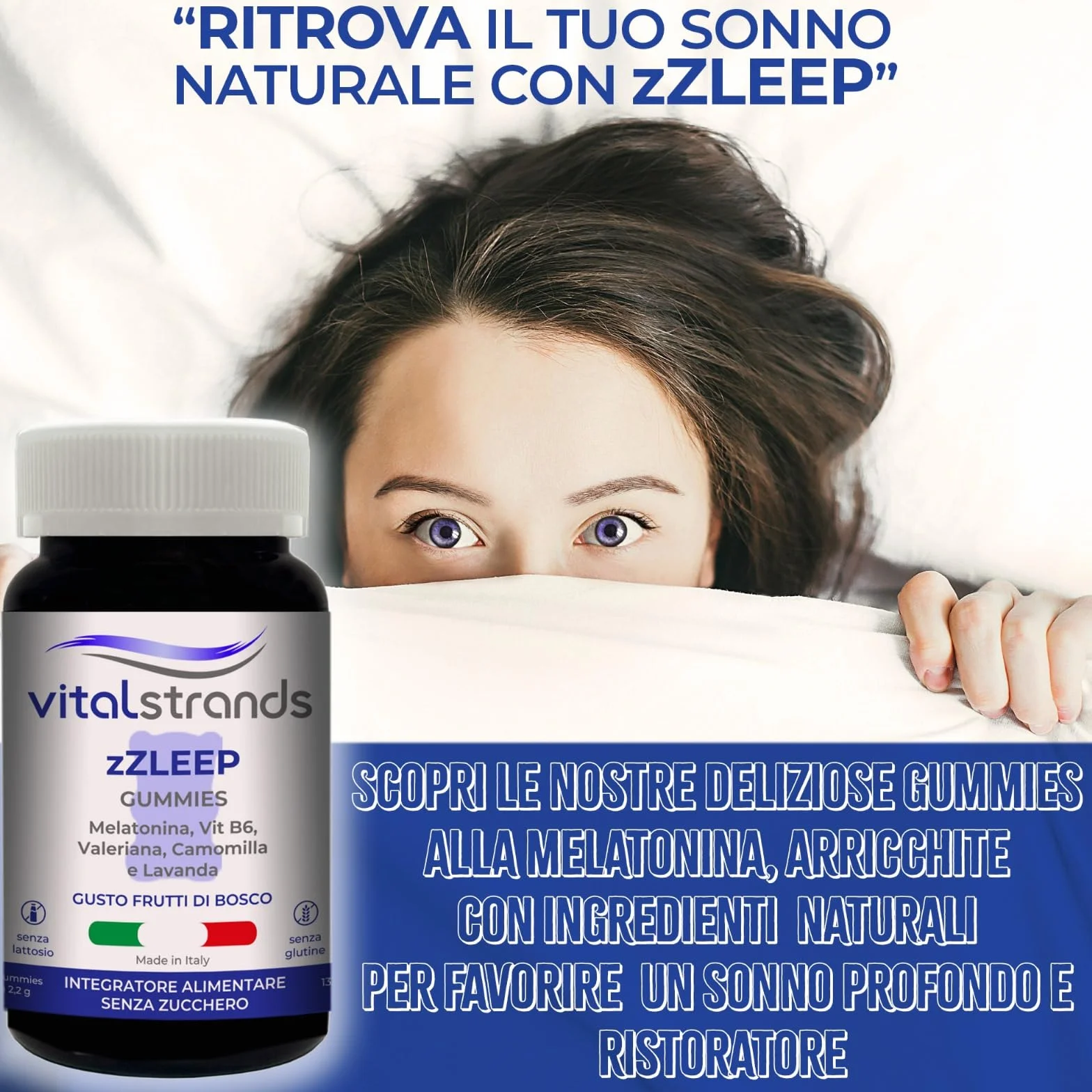 VITALSTRANDS zZLEEP | Melatonina per Dormire forte con l'aggiunta di erbe | Pastiglie per Dormire Meglio con Melatonina e Valeriana, Vitamina B6, Camomilla e Lavanda | 60 Caramelle per Dormire