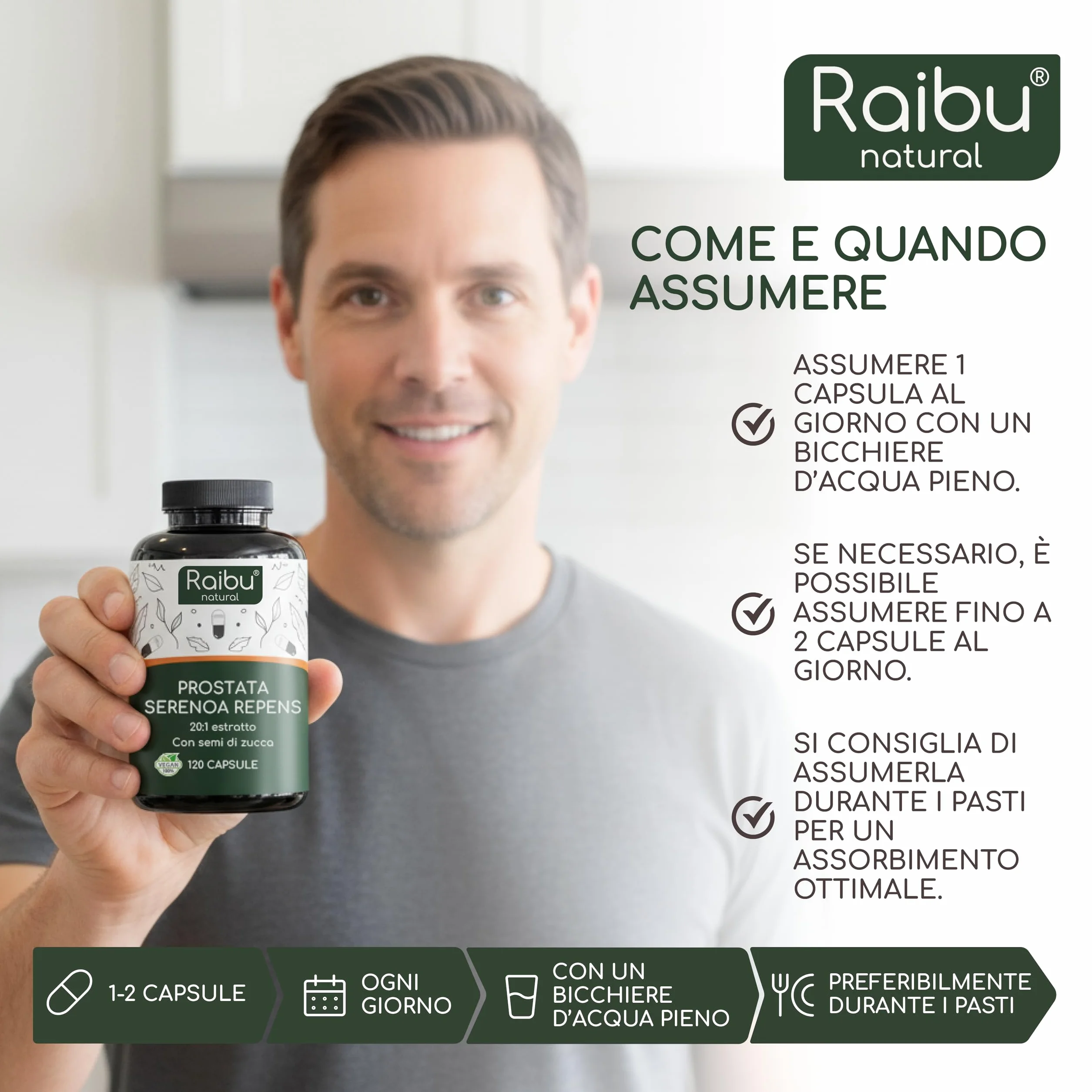 Raibu Serenoa Repens 1100 mg Integratore Prostata Uomo, Estratto 20:1 Saw Palmetto con Semi di Zucca, 120 Capsule Vegane