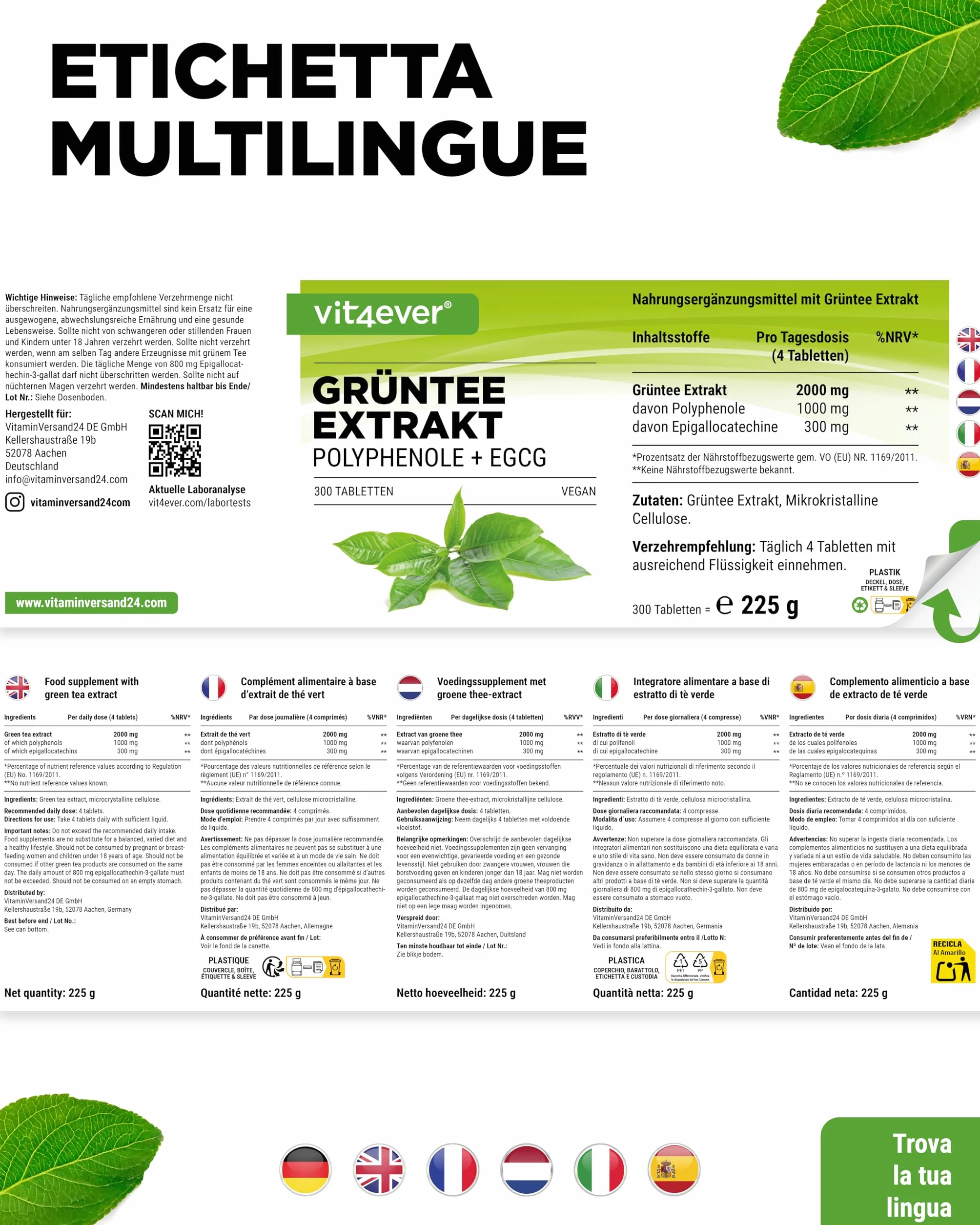 Estratto di Tè Verde 300 Compresse - Alto Dosaggio con 2000 mg di Estratto di Tè Verde, 300 mg di EGCG e 1000 mg di Polifenoli per Dose giornaliera - Green Tea - Vegano - Senza additivi inutili