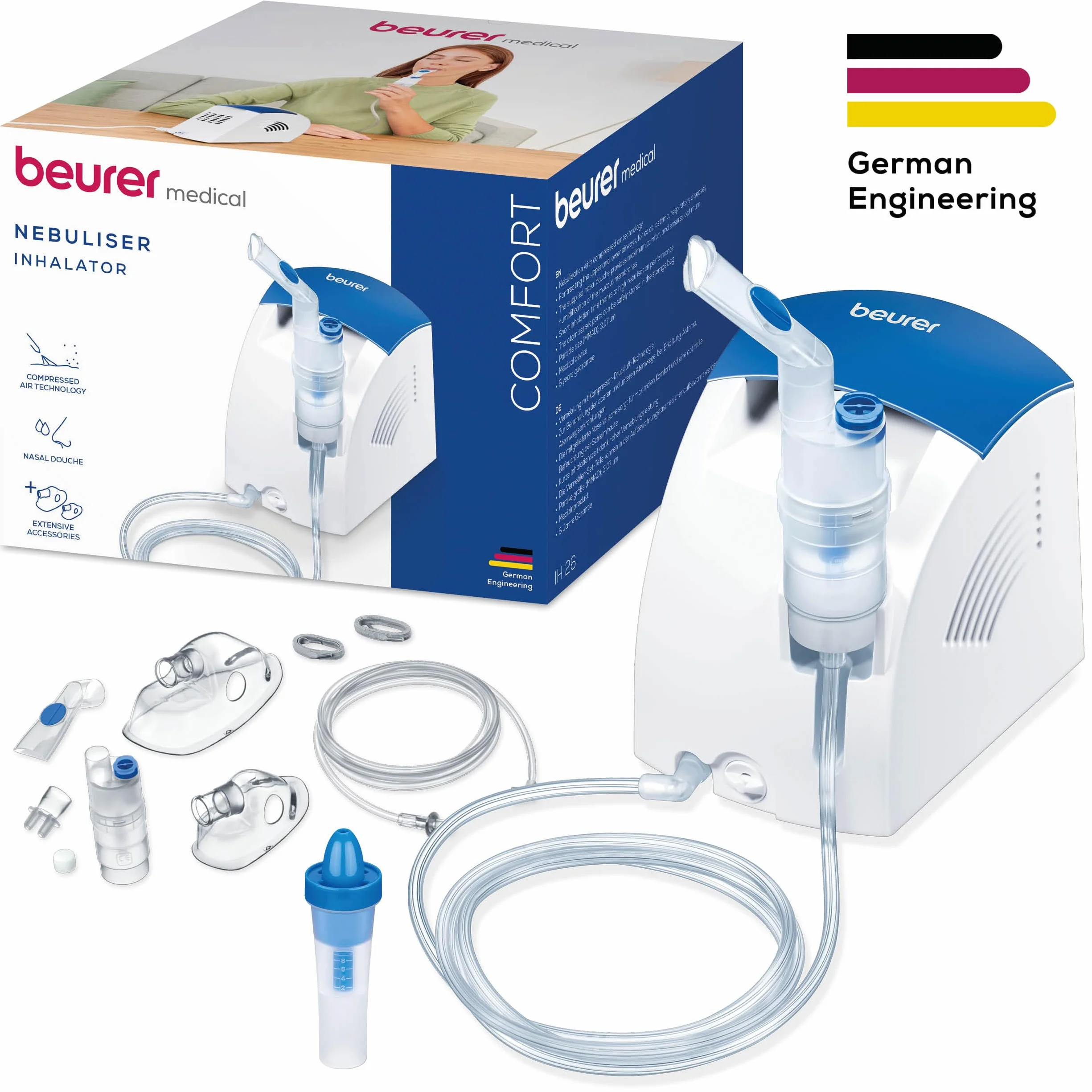 Beurer IH 26 Aerosol Compressa con Doccia Nasale e Accessori, Bianco/Blu, 16.6 x 14.8 x 14.1 cm, 0.8-1.45 bar