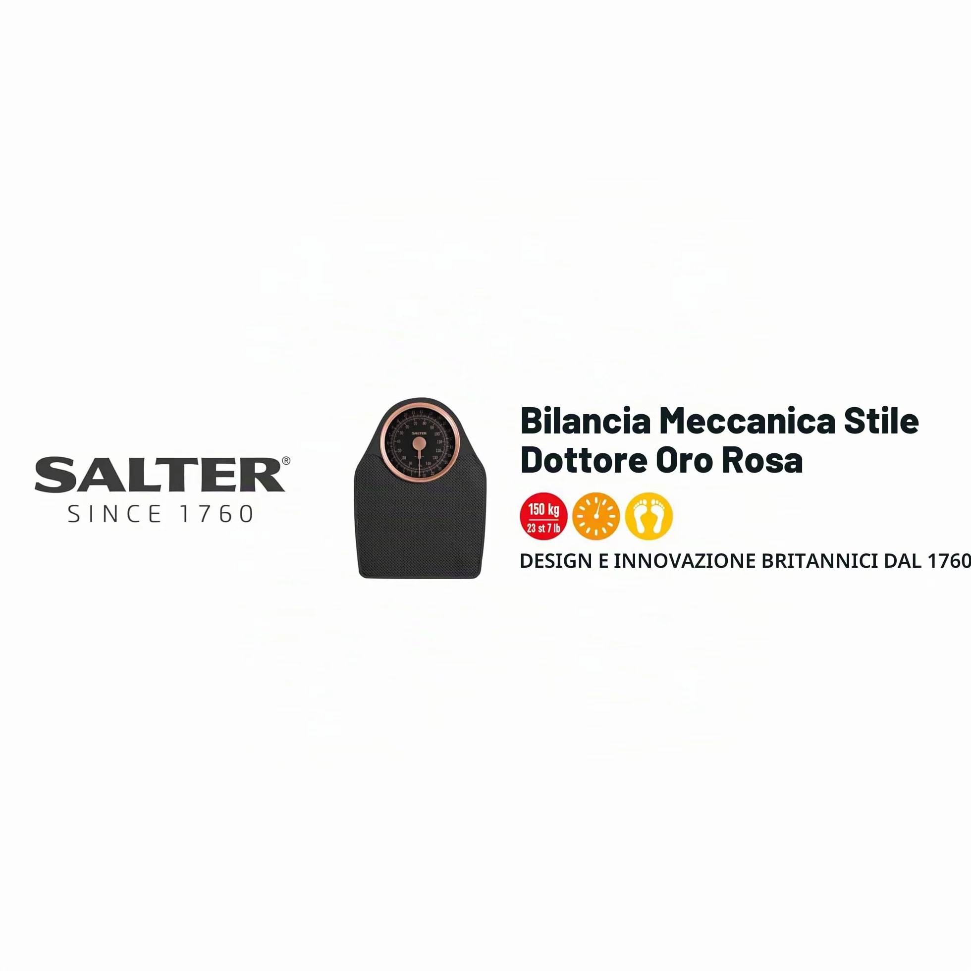Salter 145 RGFEU16 Bilancia meccanica Doctor Style - capacità massima 150 Kg, quadrante di facile lettura con puntatore rotante, ampia piattaforma con tappetino in vinile, senza batteria, oro rosa