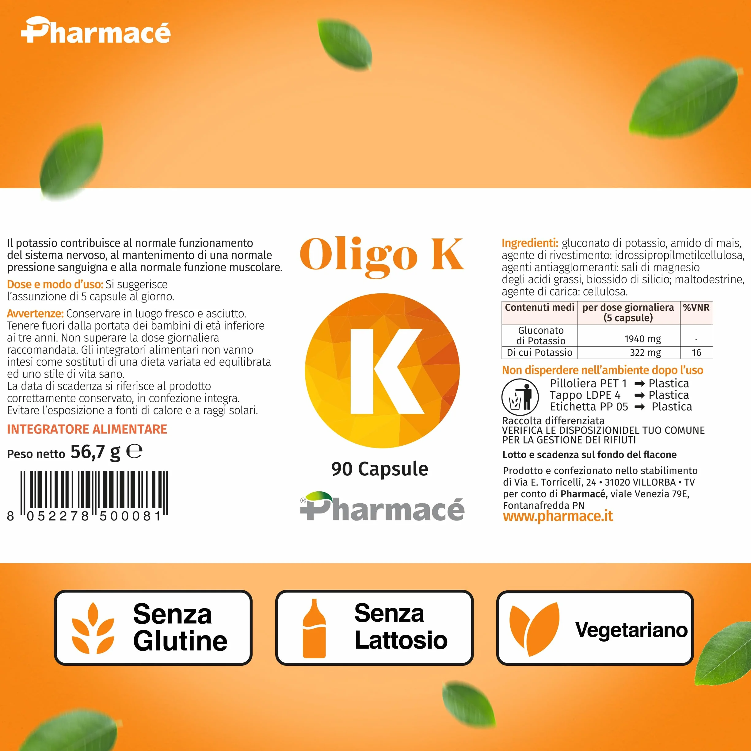 Pharmace' Oligo K - Potassio Gluconato ad Alta Biodisponibilita - 322mg per Compressa - 90 Compresse Senza Glutine e Lattosio - Prodotto in Italia