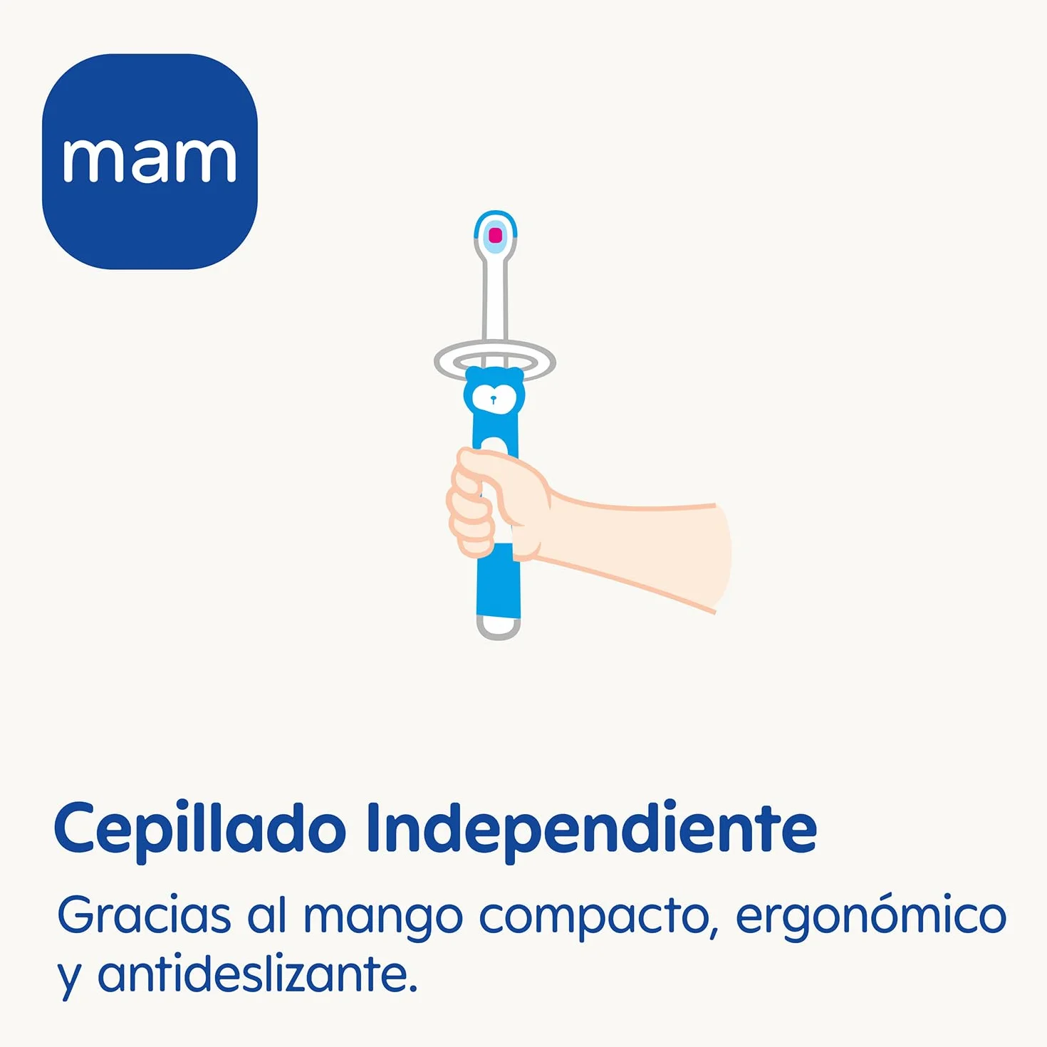 MAM Spazzolino da denti per bambini, manico compatto, ergonomico e antiscivolo, ideale per primi denti, con protezione di sicurezza, testa piccola e setole extra morbide, blu, confezione da 1