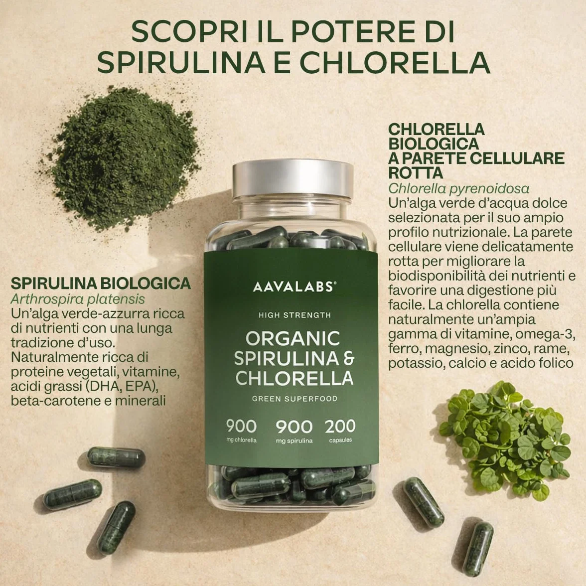 AAVALABS Spirulina & Chlorella Bio 1800 mg 200 Capsule Vegan