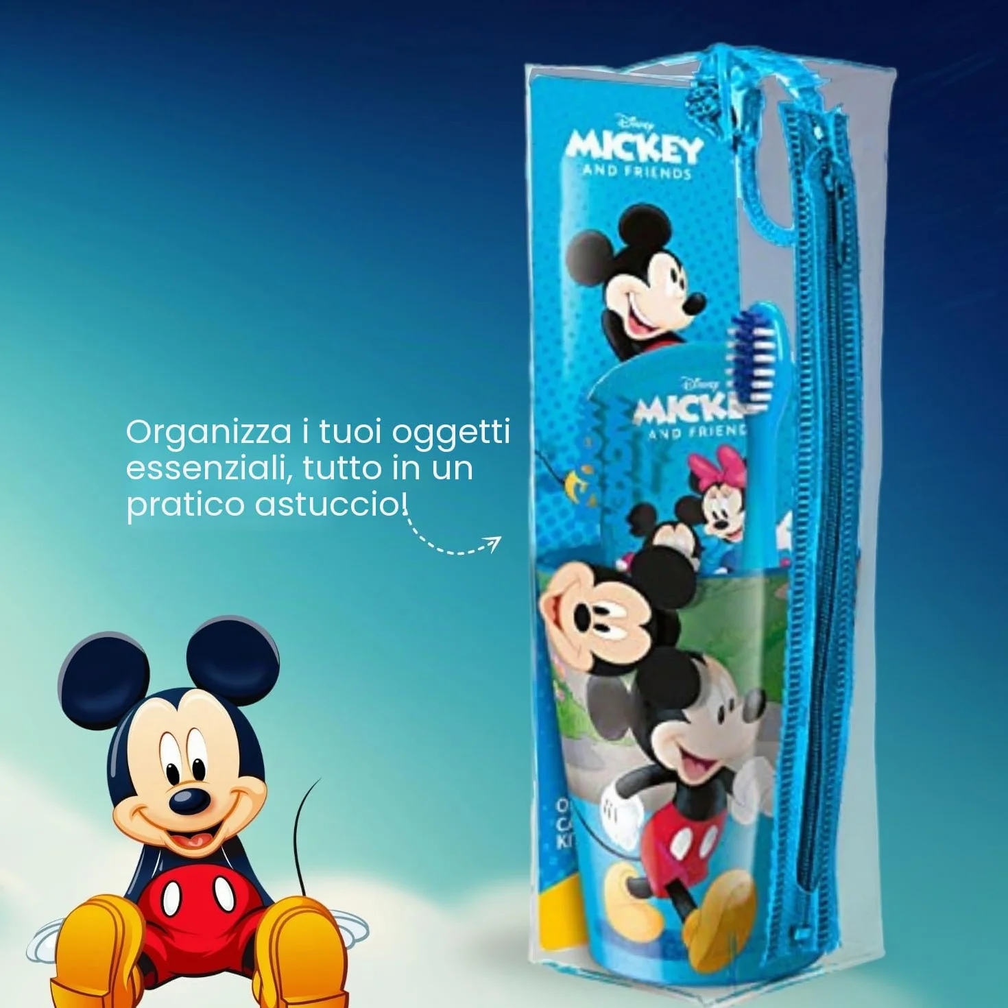Mickey Mouse - Set di sacchetti per bambini, adatto ai viaggi, con spazzolino manuale con ventosa, tappo da viaggio, dentifricio al gusto di menta delicata per bambini da 75 ml e bicchiere Mr. White
