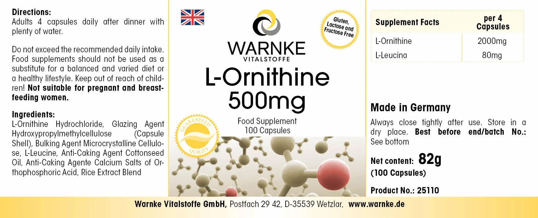 Warnke Vitalstoffe L Ornitina 500mg 100 Capsule Vegan