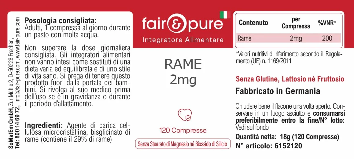 Fair & Pure® - Rame bisglicinato 2mg - Integratore di rame - Buona disponibilità biologica - Vegan - 120 Compresse