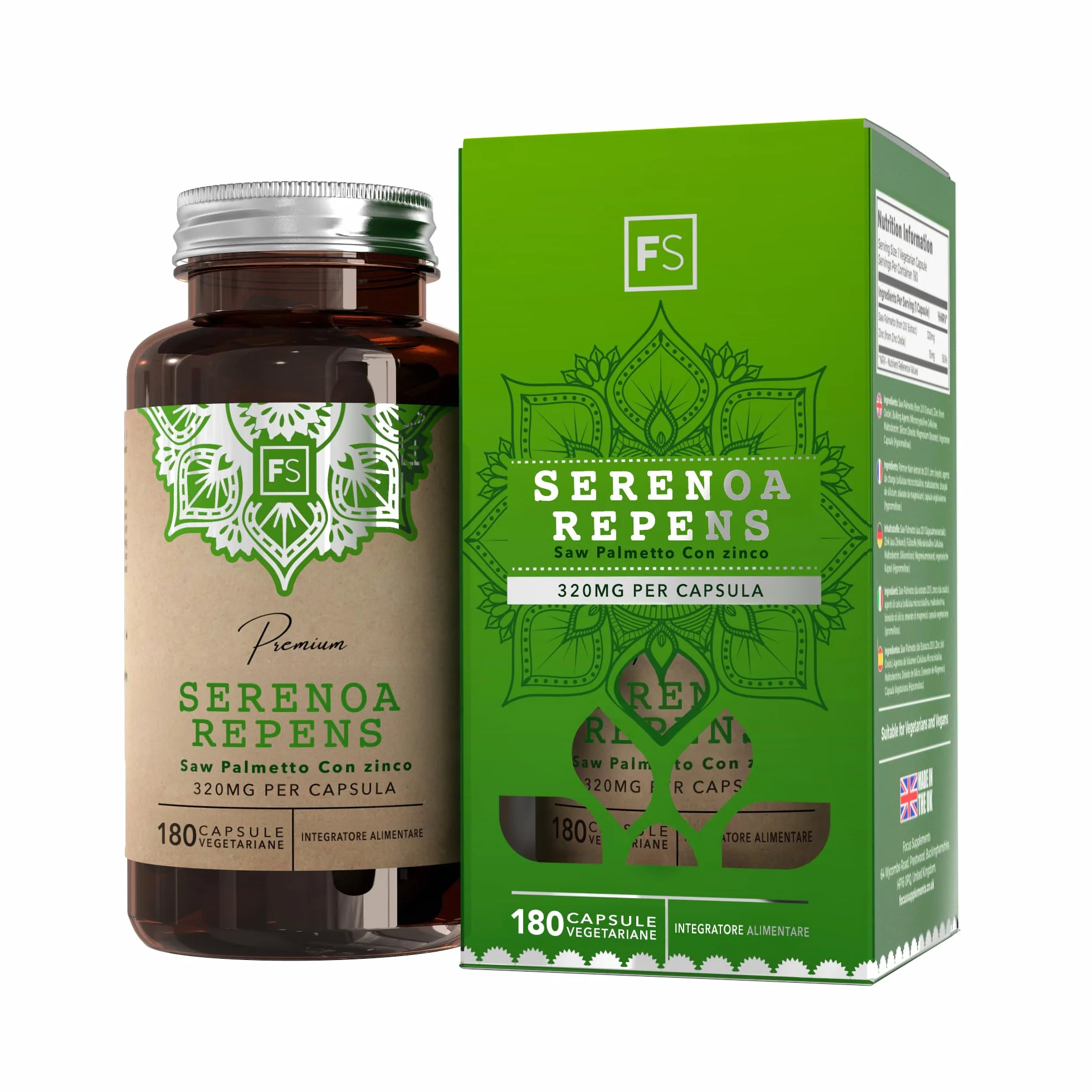 Saw Palmetto 180 Capsules 320mg with Zinc 15mg Prostate Support Non-OGM Gluten Free