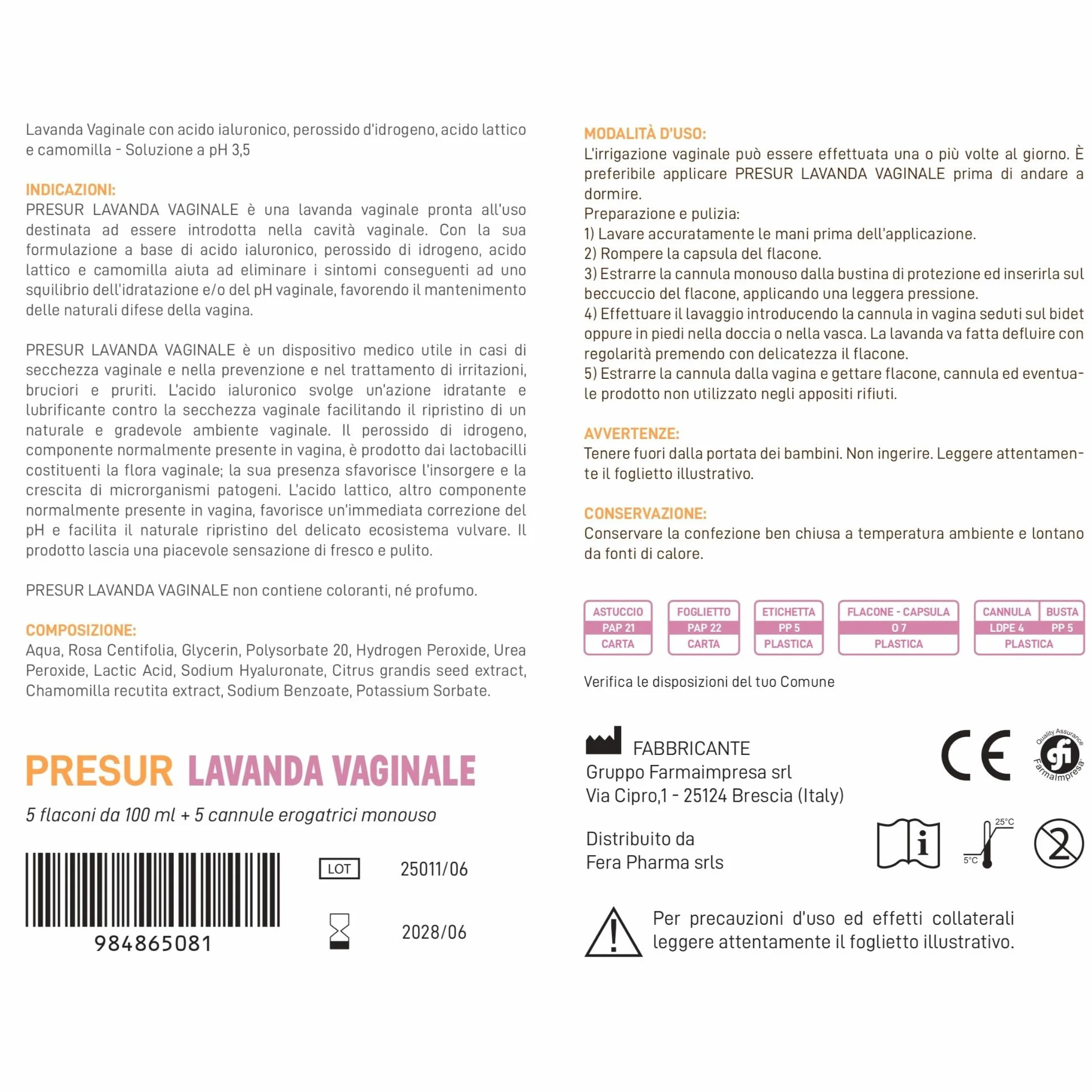 Lavanda Vaginale pH 3,5 con Acido Ialuronico, Perossido d'Idrogeno, Acido Lattico e Camomilla - 5 Flaconi da 100 ml con Cannula Monouso