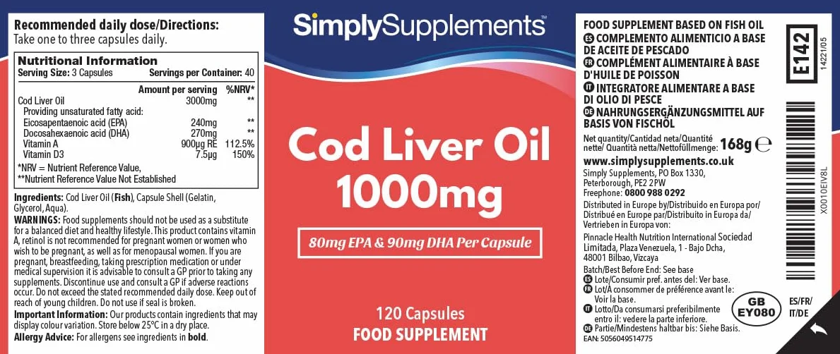 Olio di fegato di merluzzo 1000 mg 120 capsule SimplySupplements