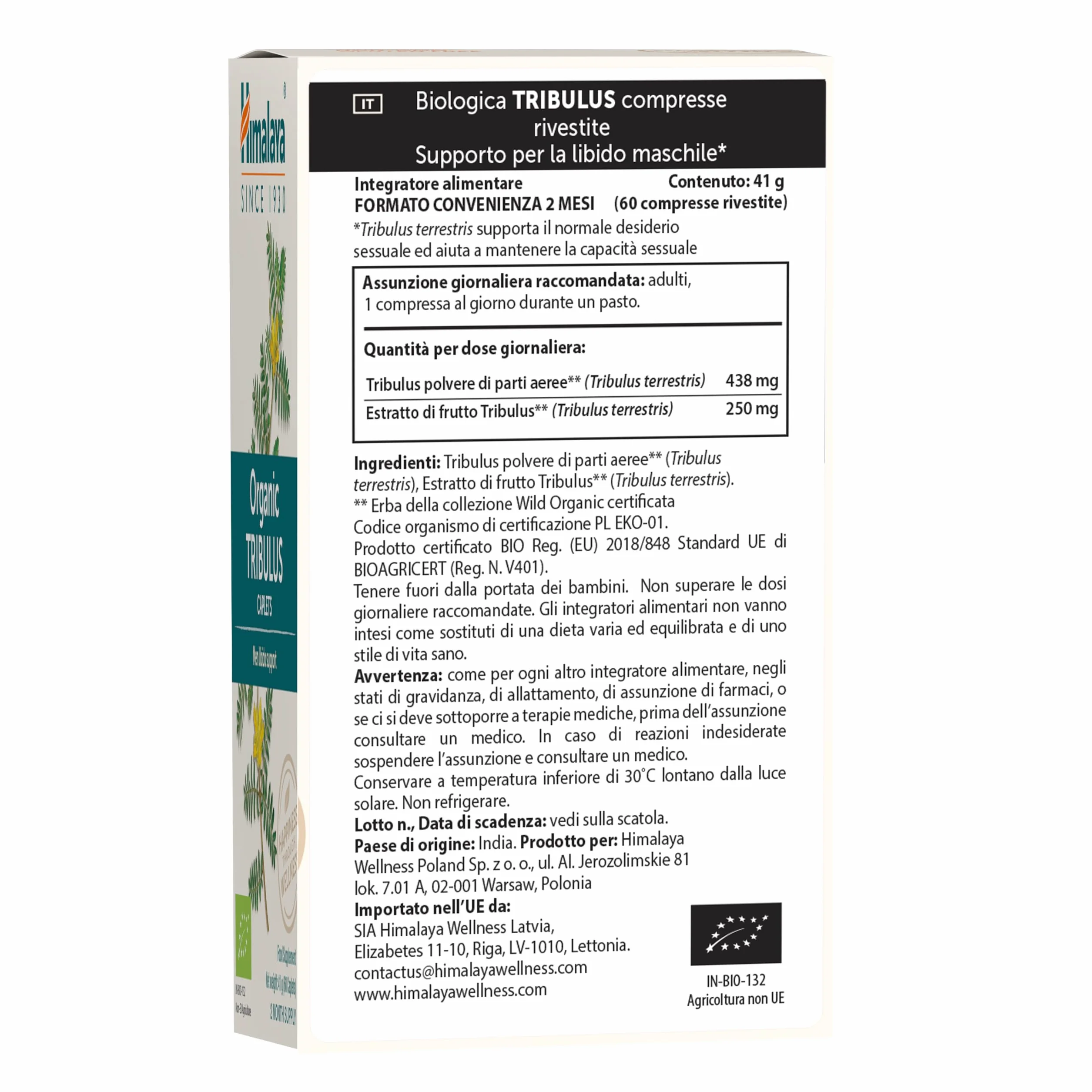 Himalaya Tribulus organico Gokshura 688 mg 60 capsule salute maschile libido supporto urinario