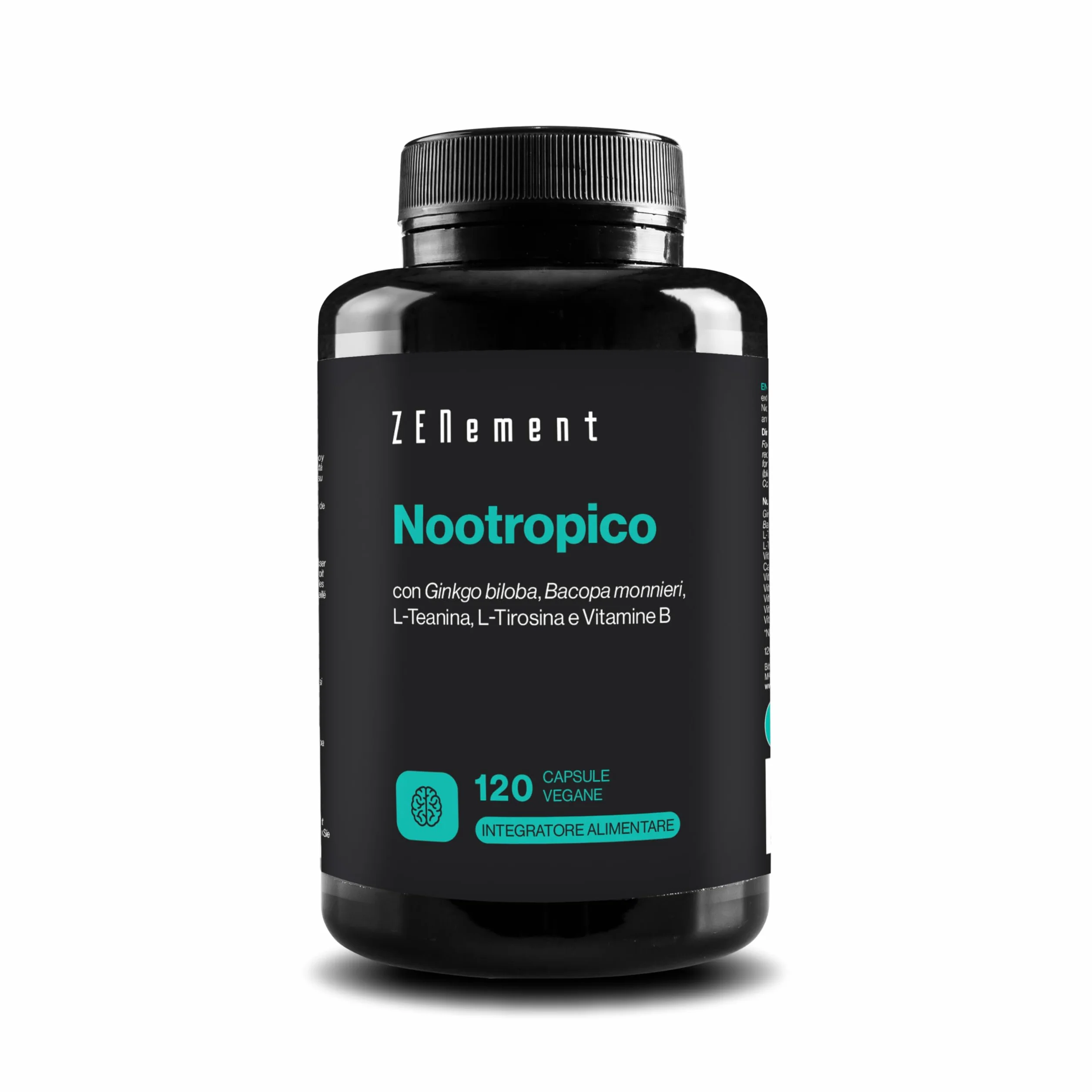Zenement Nootropico Ginkgo biloba Bacopa monnieri L-Teanina L-Tirosina Vitamine B 120 Capsule Memoria Concentrazione Agilità Mentale Vegano