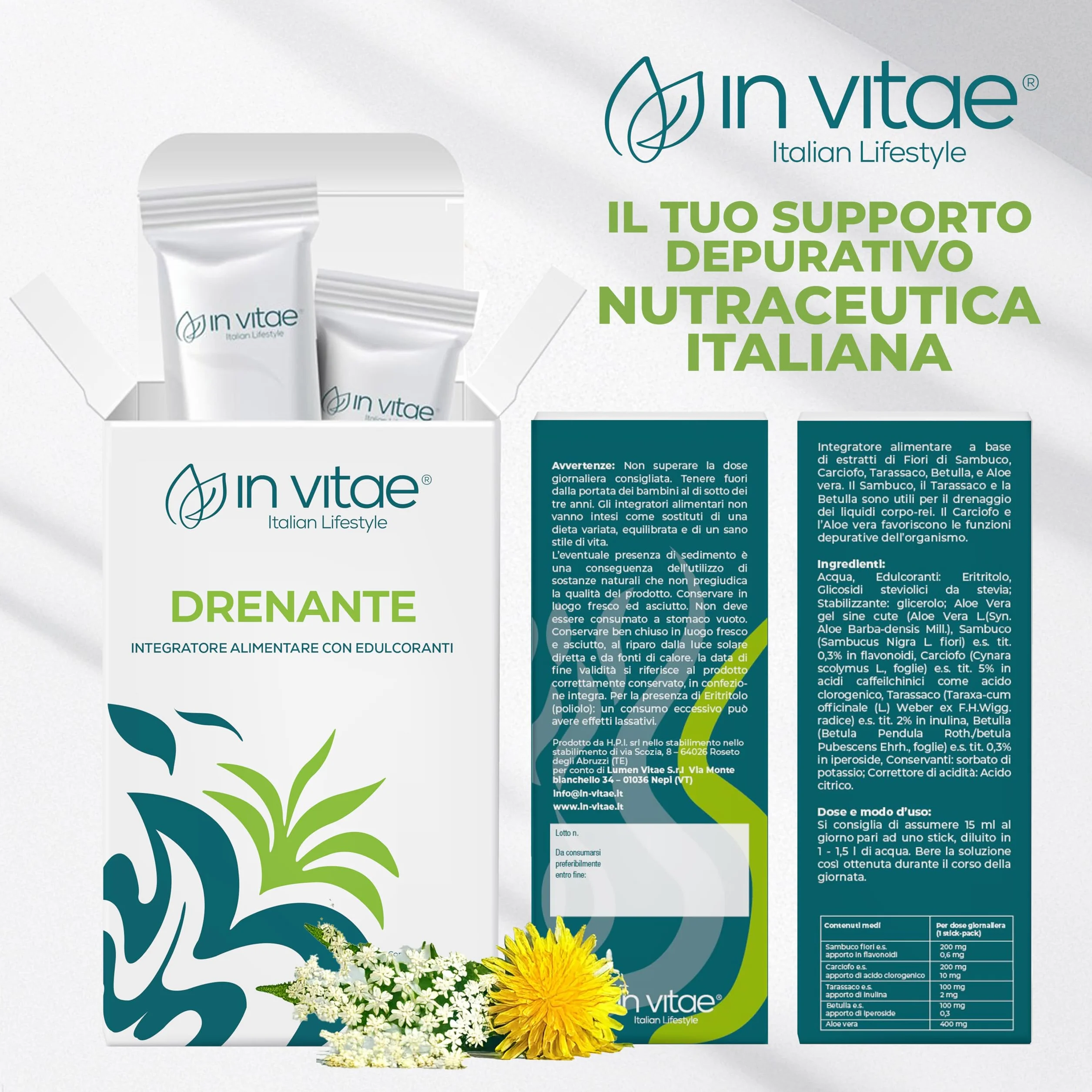 IN VITAE Drenante Forte Integratore con Aloe Tarassaco Betulla Carciofo e Sambuco Drenaggio Liquidi Corporei Funzioni Depurative 20 Stick Gel