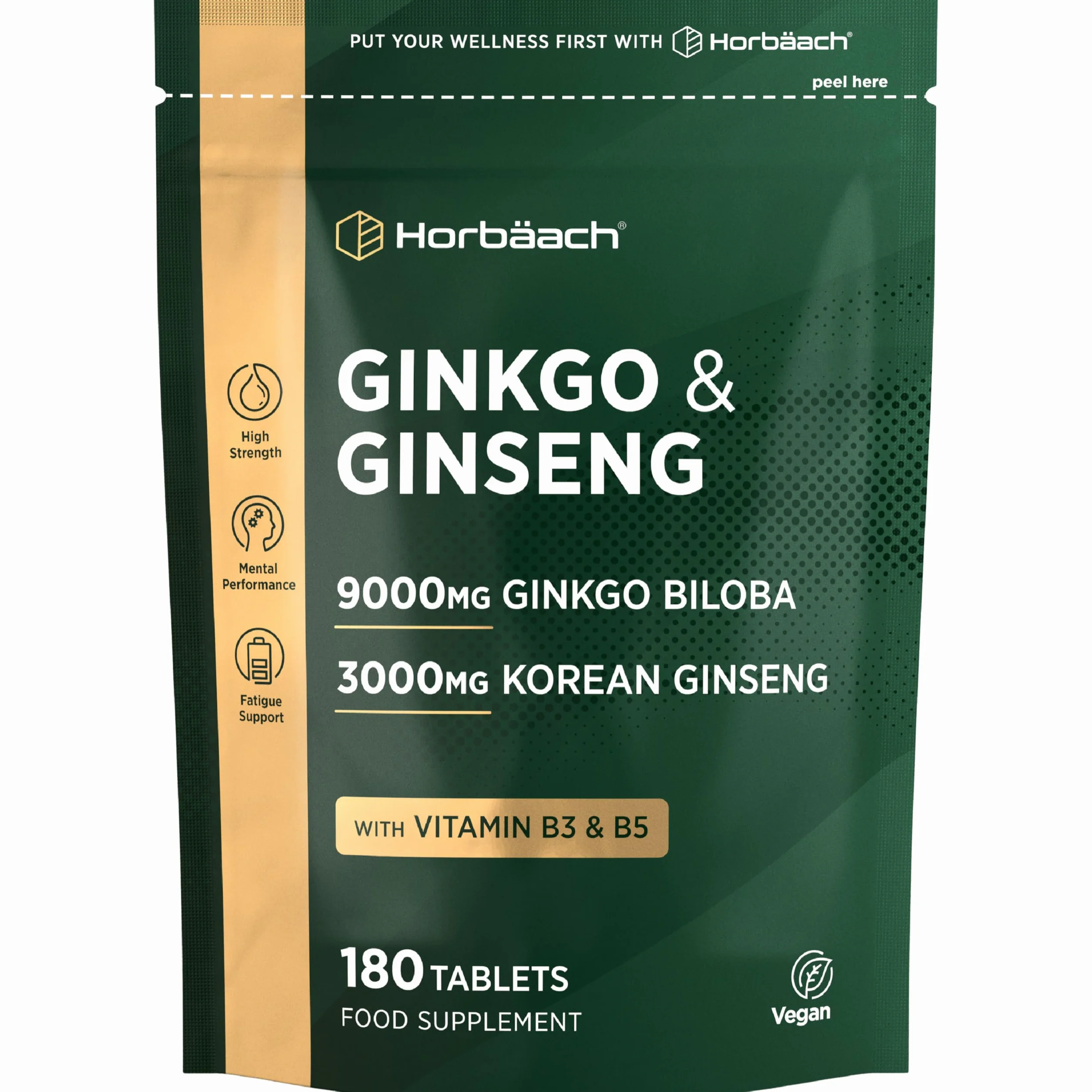 Horbaach Ginkgo Biloba e Ginseng Integratore 9000 mg 3000 mg 180 compresse vegane