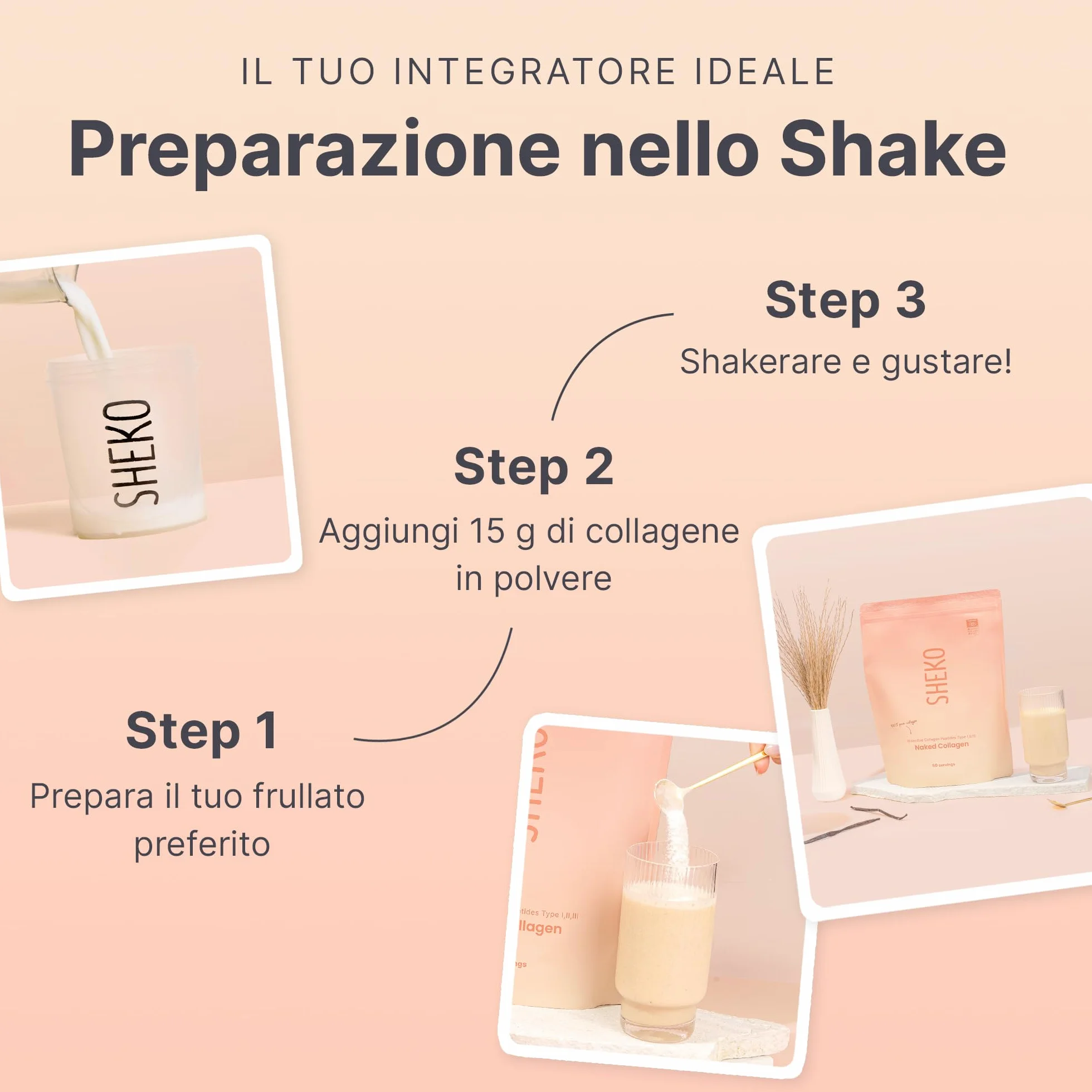 SHEKO Collagene Idrolizzato 450g - Natural Bioactive Collagen Powder - Peptidi di tipo 1, 2, 3