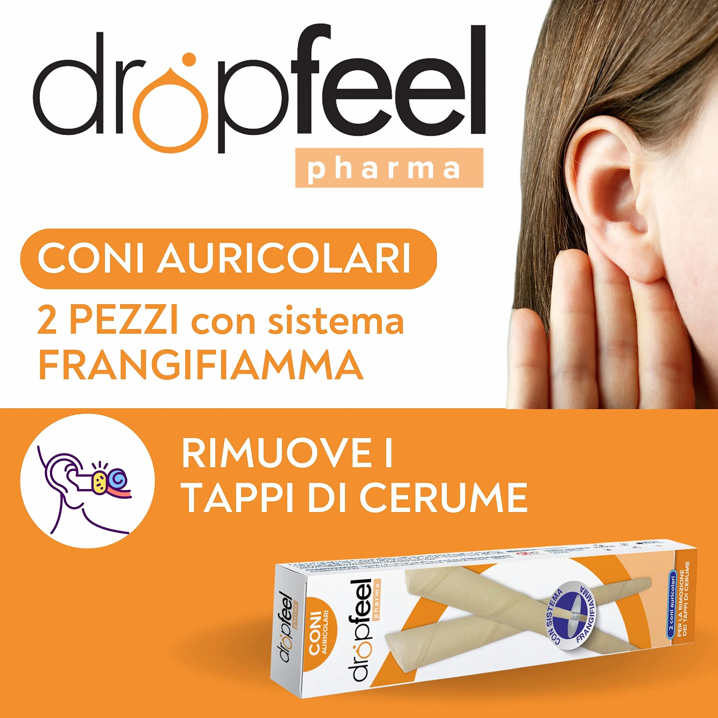 DROPFEEL - Coni Auricolari per Rimozione Cerume con Cera d'Api, Rimozione Tappi con Metodo Venturi, Pulizia Auricolare Naturale con Sistema Frangifiamma, Monouso e Made in Italy, Confezione da 2 Pezzi