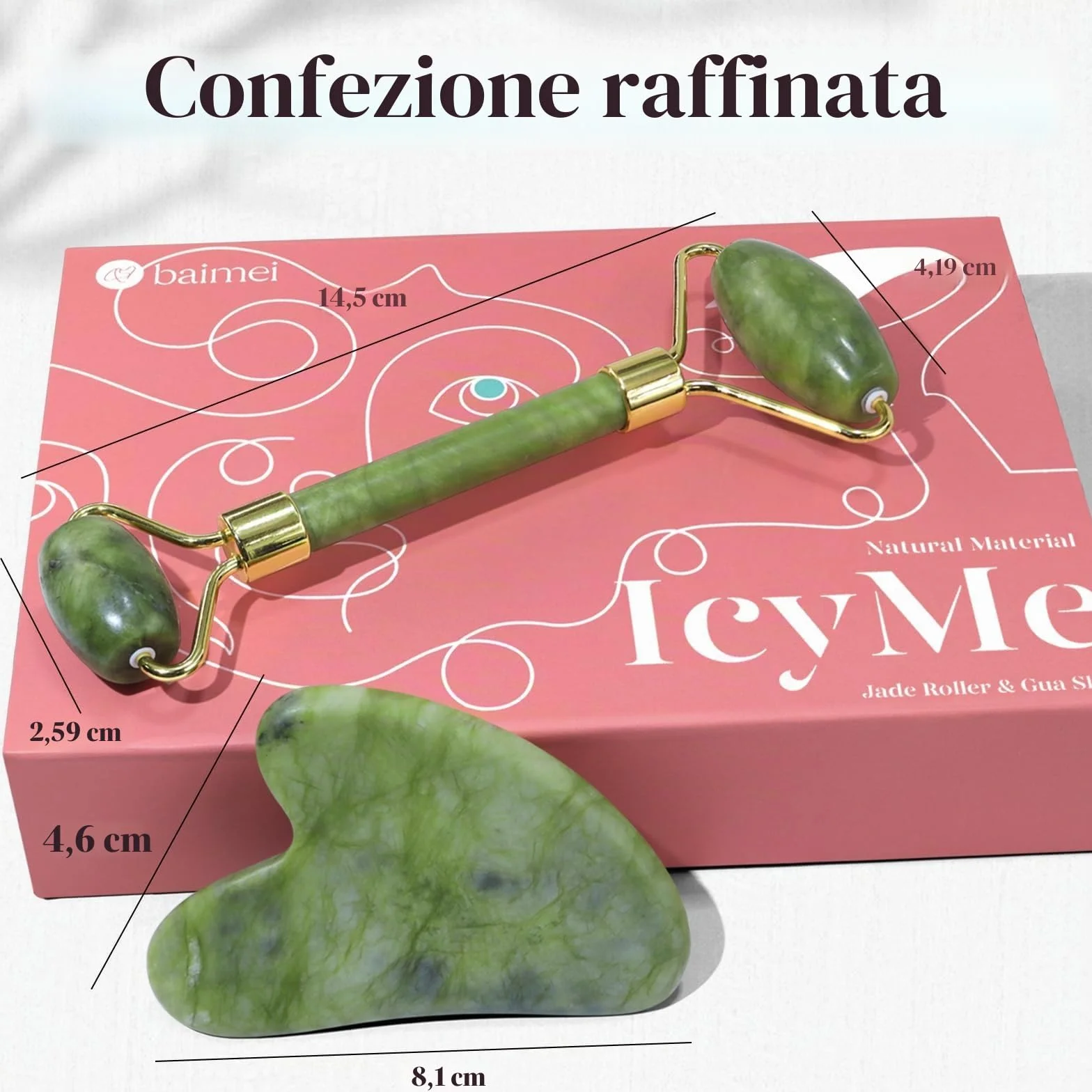 BAIMEI Gua Sha e Rullo di Giada per il Viso, Massaggiatore Lifting Viso e Guasha per il Corpo
