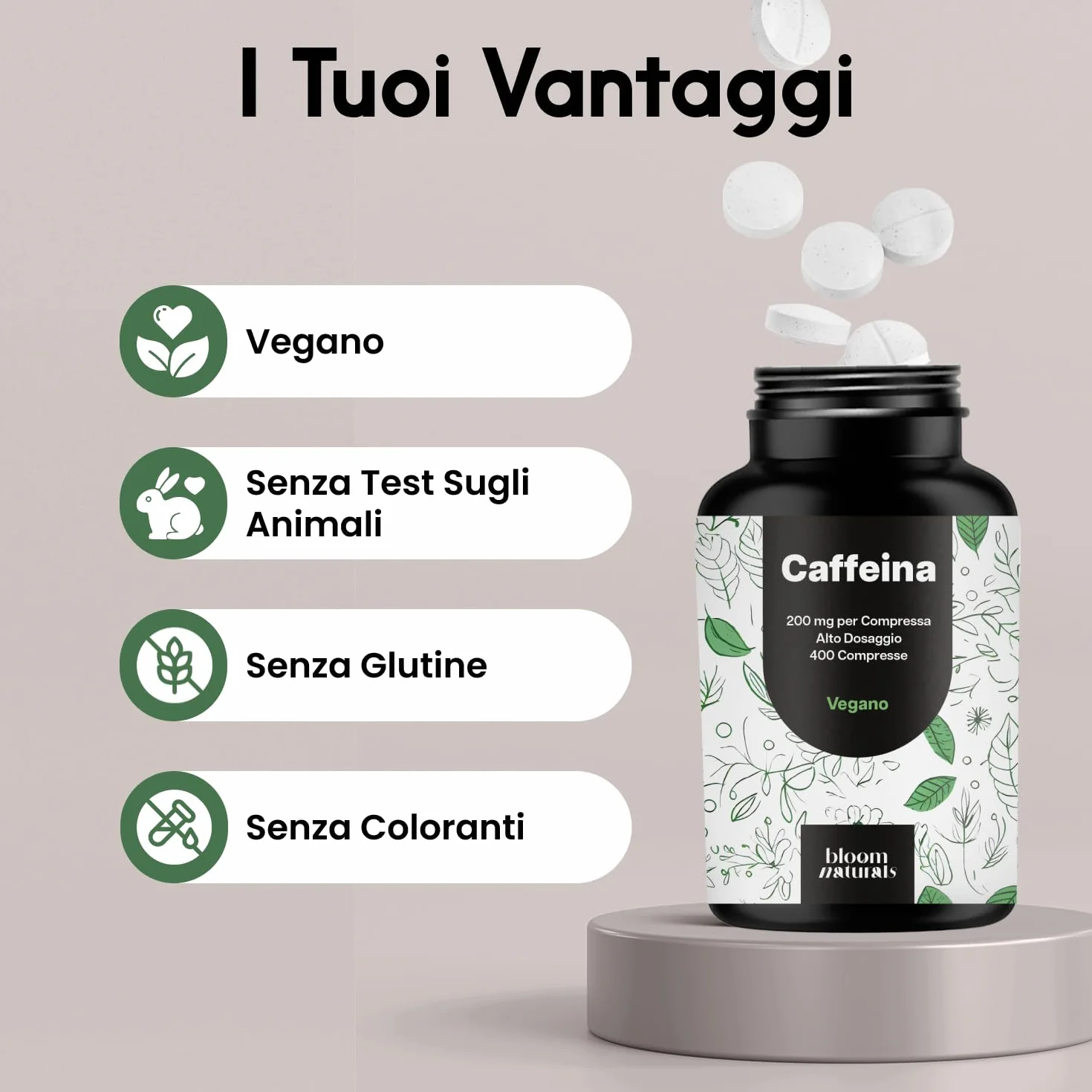 Caffeina Pura 400 Compresse 200 mg Alto Dosaggio Vegano Integratore