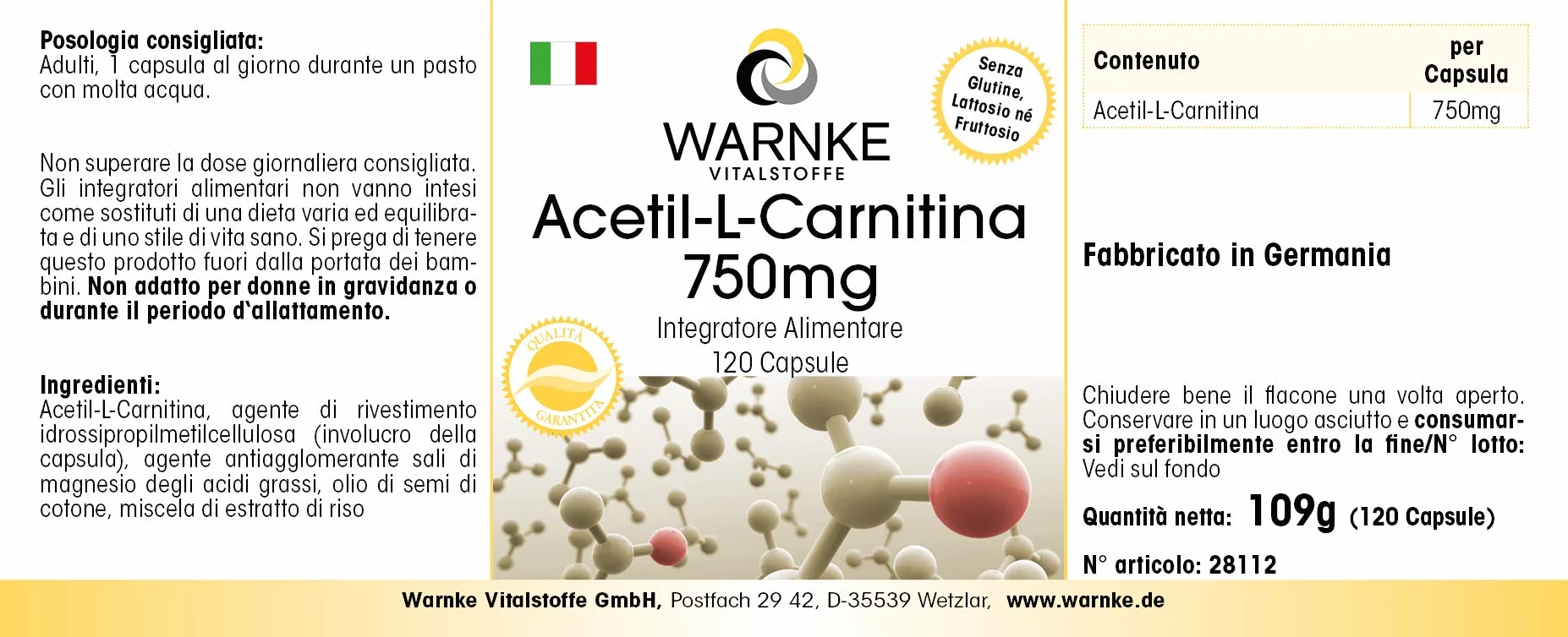 Acetil-L-Carnitina 750mg 120 Capsule Warnke Vitalstoffe vegano