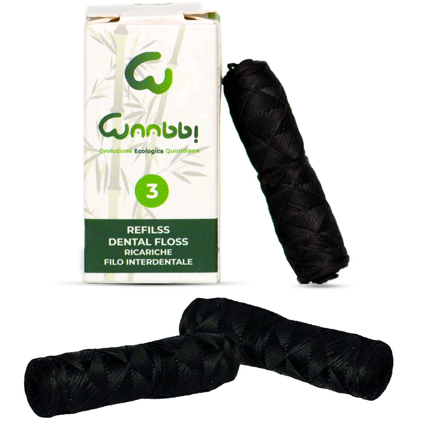 Ricariche per Filo Interdentale Carbone Attivo Bambù Biodegradabili 3X35M Pulizia Dentale Vegano Zero Sprechi Plastic Free Igiene Naturale Vegana