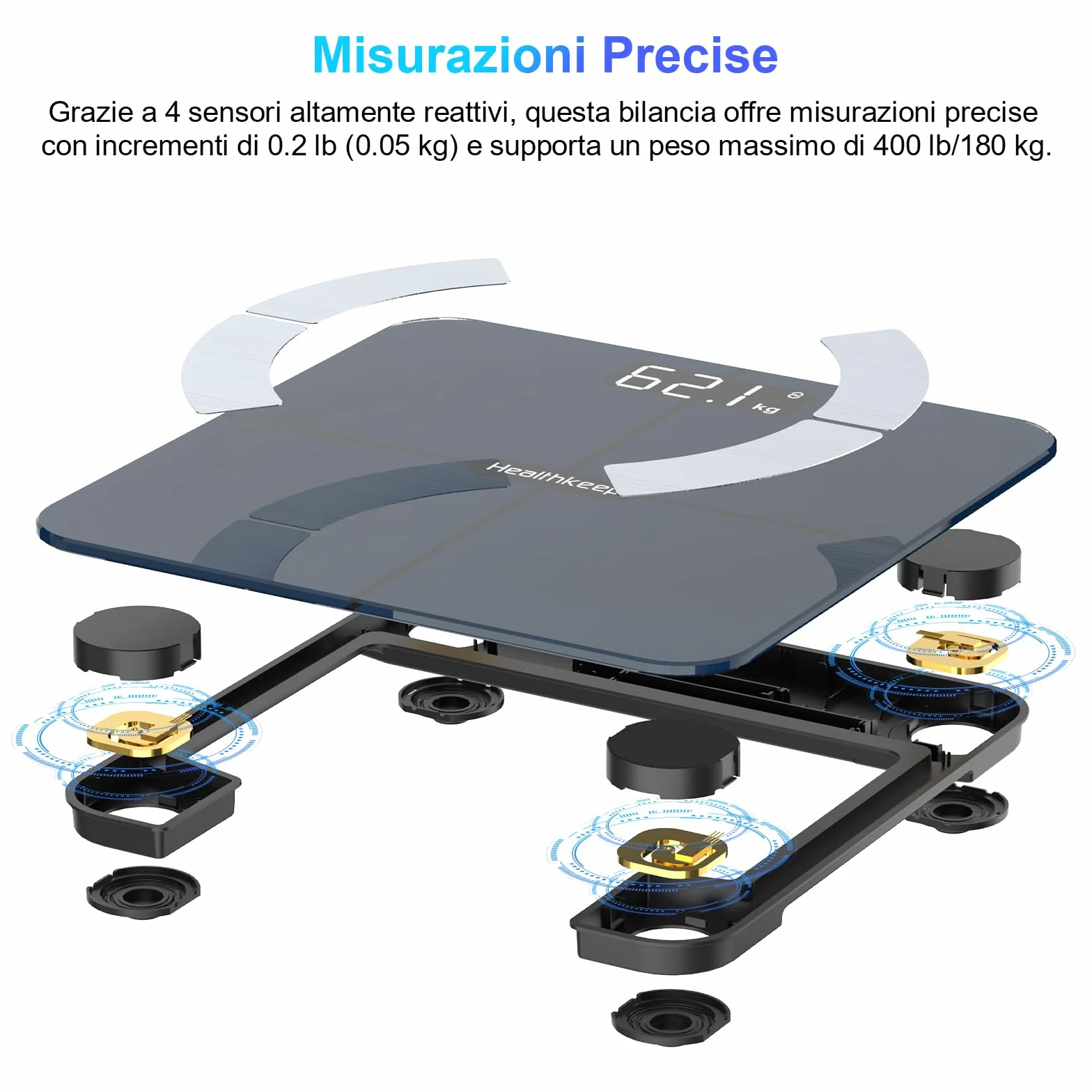 Healthkeep Bilancia Persona di Alta Precisione Impedenzimetro Bluetooth con App 13 Metriche Salute Max 180kg/400lb - Blu