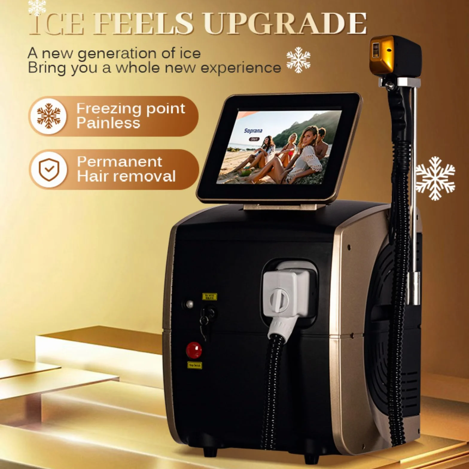 Macchinario per la Rimozione Permanente dei Peli, Laser Diodo 755nm, 808nm, 1064nm, Refrigerazione TEC, Spot 23 x 40 mm, Potenza 3000W, Sistema Operativo Intelligente