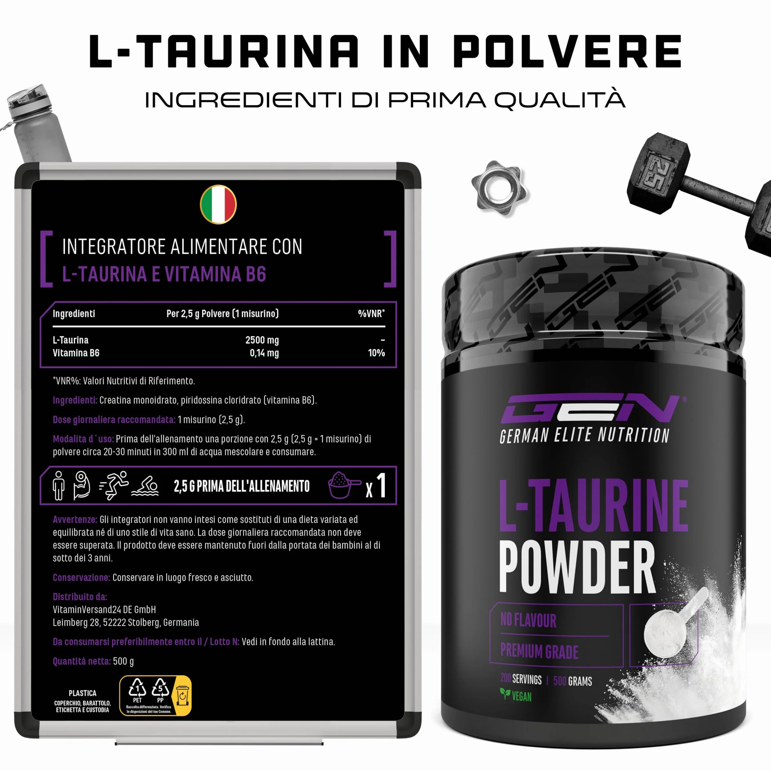 Taurina in Polvere 500 g Pura Senza Additivi Vegan Aminoacido L-Taurina German Elite Nutrition